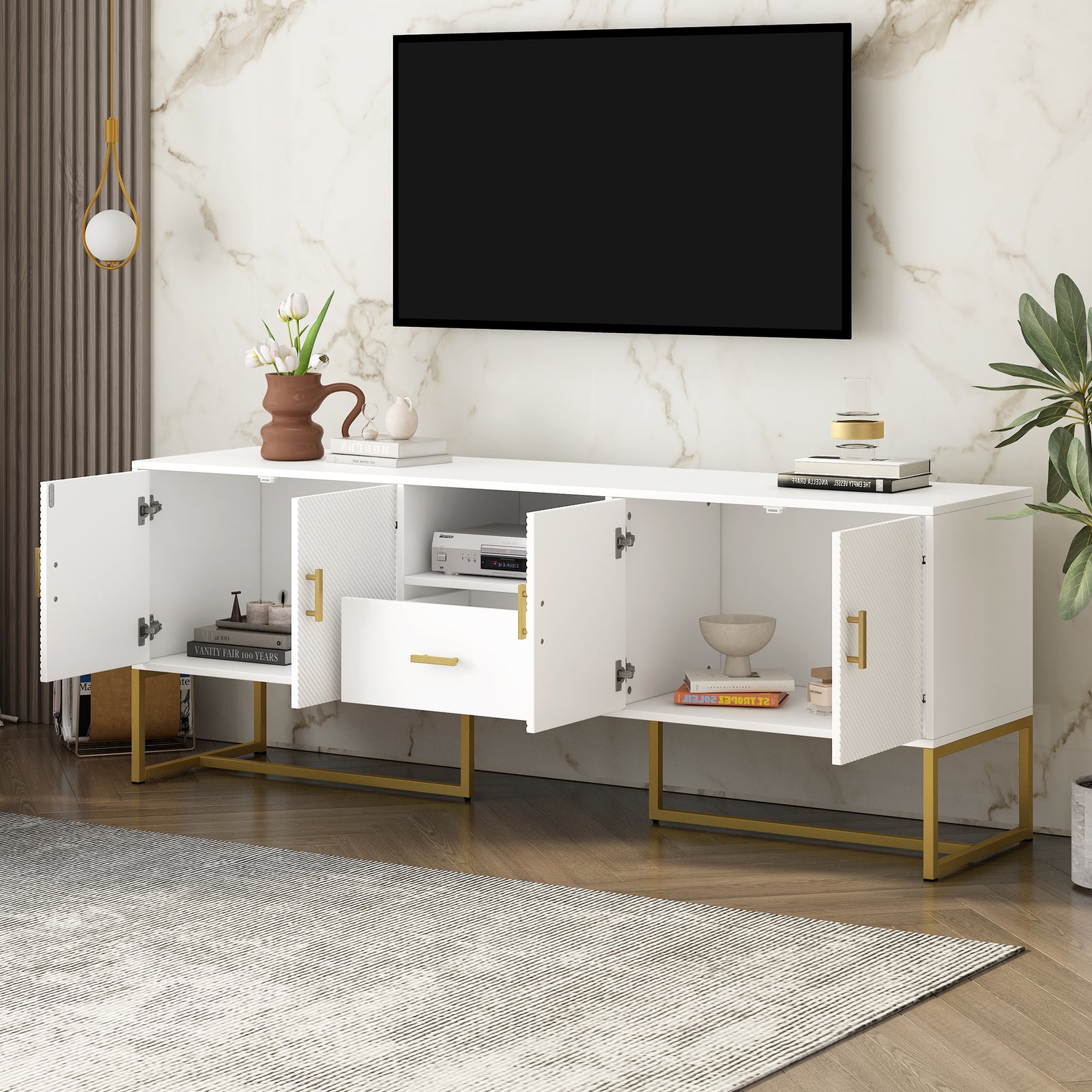 Nøordka Light TV Stand Default White Mid Century Modern TV Stand for TVs Up to 70" with Metal Base