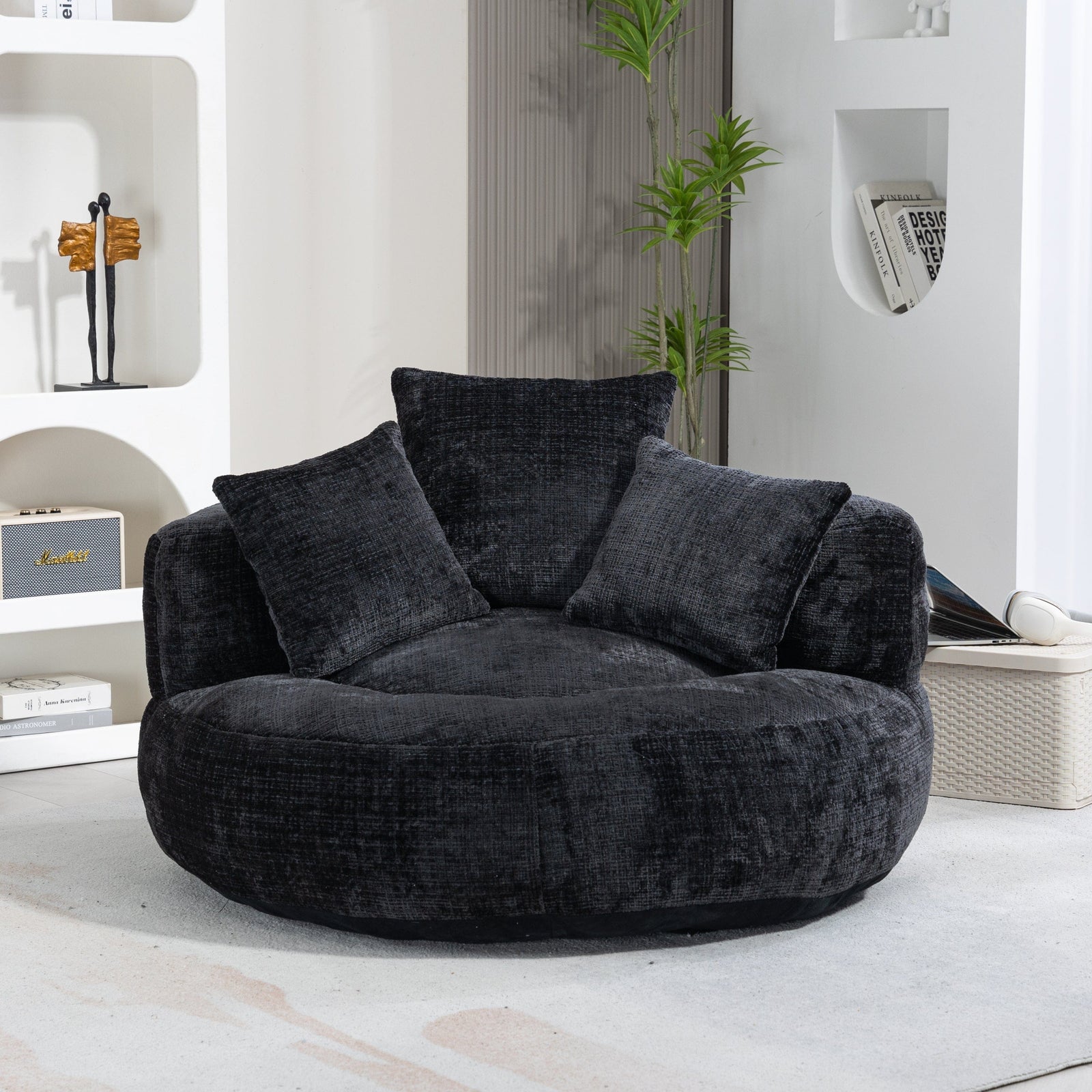 THE FURNITURE CO. Bean Bag Chair Default Comfortable Lazy Lounger Bean Bag Couch in Black Chenille