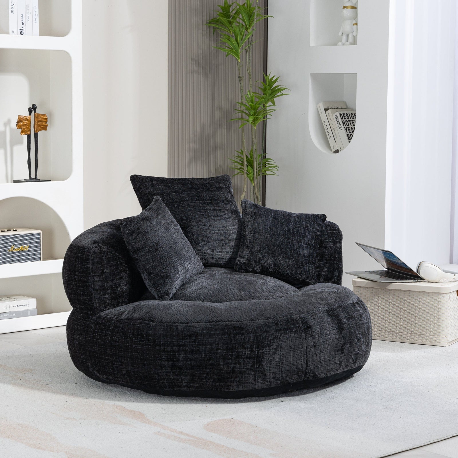 THE FURNITURE CO. Bean Bag Chair Default Comfortable Lazy Lounger Bean Bag Couch in Black Chenille