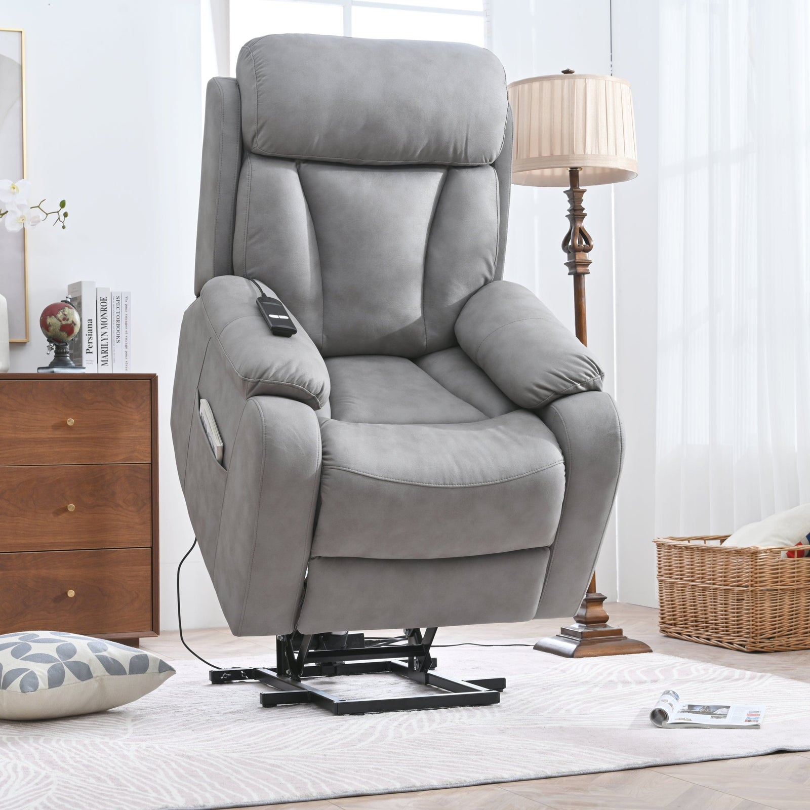 THE FURNITURE CO. Power Lift Recliner Electric Power Lift Recliner Chair for Seniors - Light Gray Fabric, Remote Control, Side Pocket, Ideal for Elderly Comfort