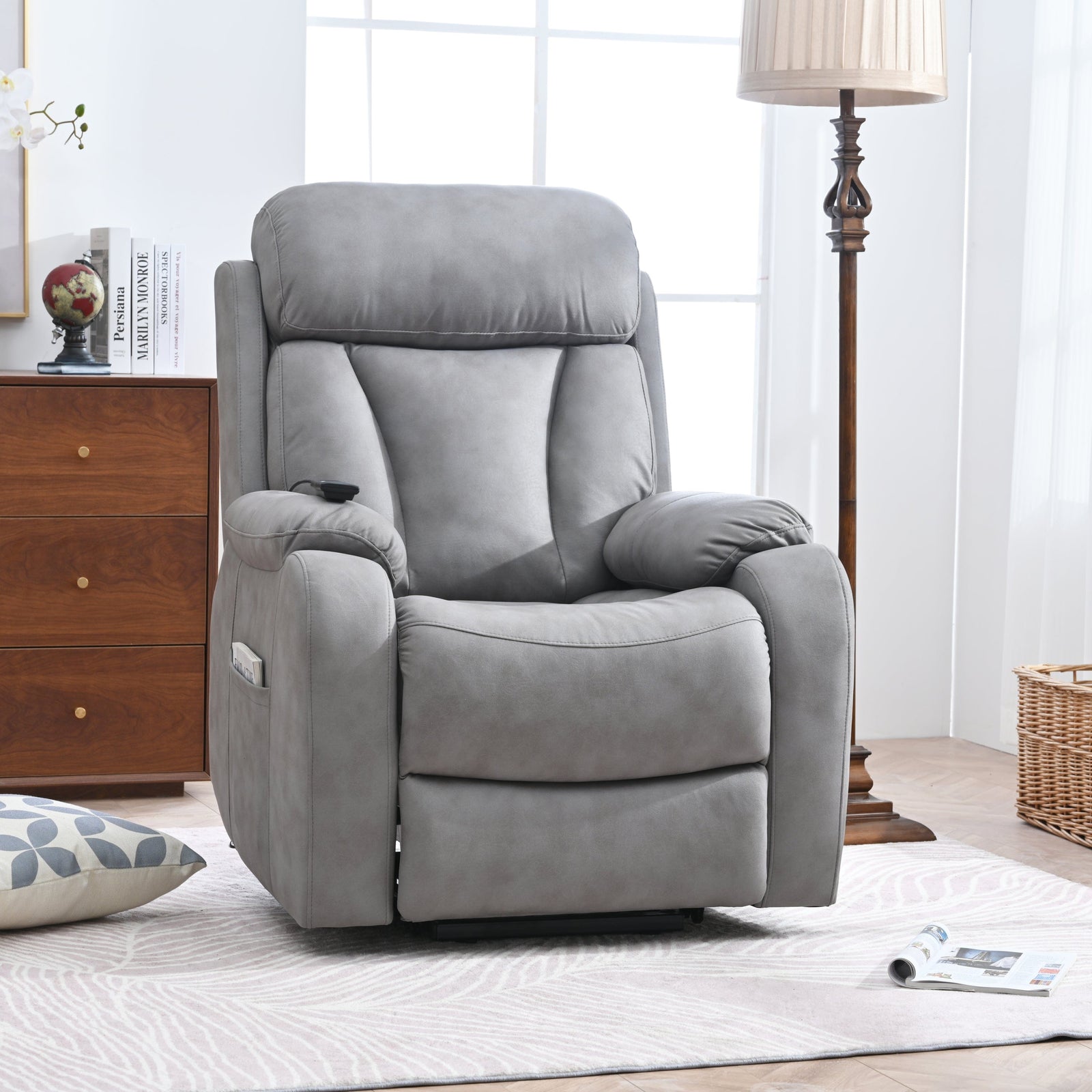 THE FURNITURE CO. Power Lift Recliner Electric Power Lift Recliner Chair for Seniors - Light Gray Fabric, Remote Control, Side Pocket, Ideal for Elderly Comfort