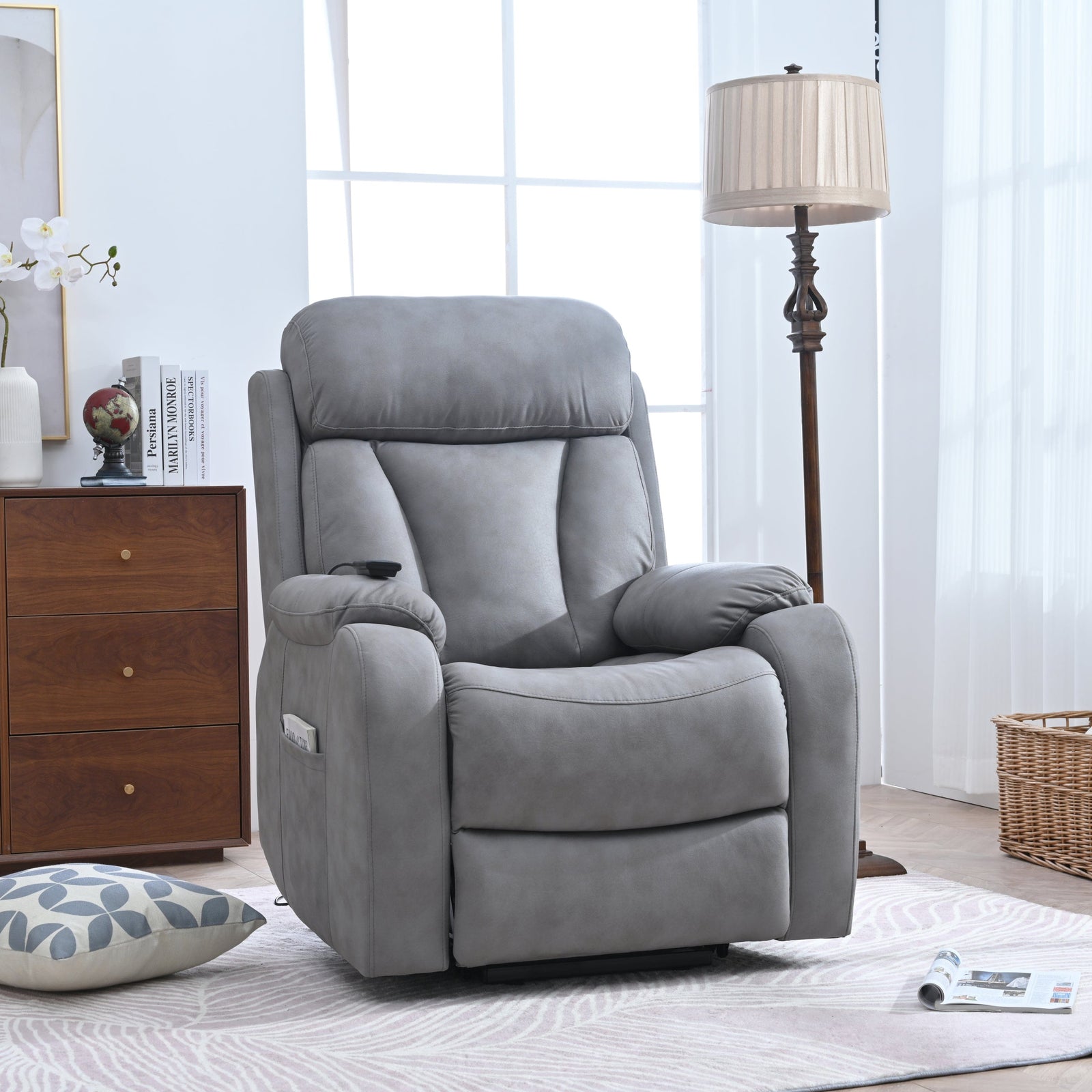 THE FURNITURE CO. Power Lift Recliner Electric Power Lift Recliner Chair for Seniors - Light Gray Fabric, Remote Control, Side Pocket, Ideal for Elderly Comfort