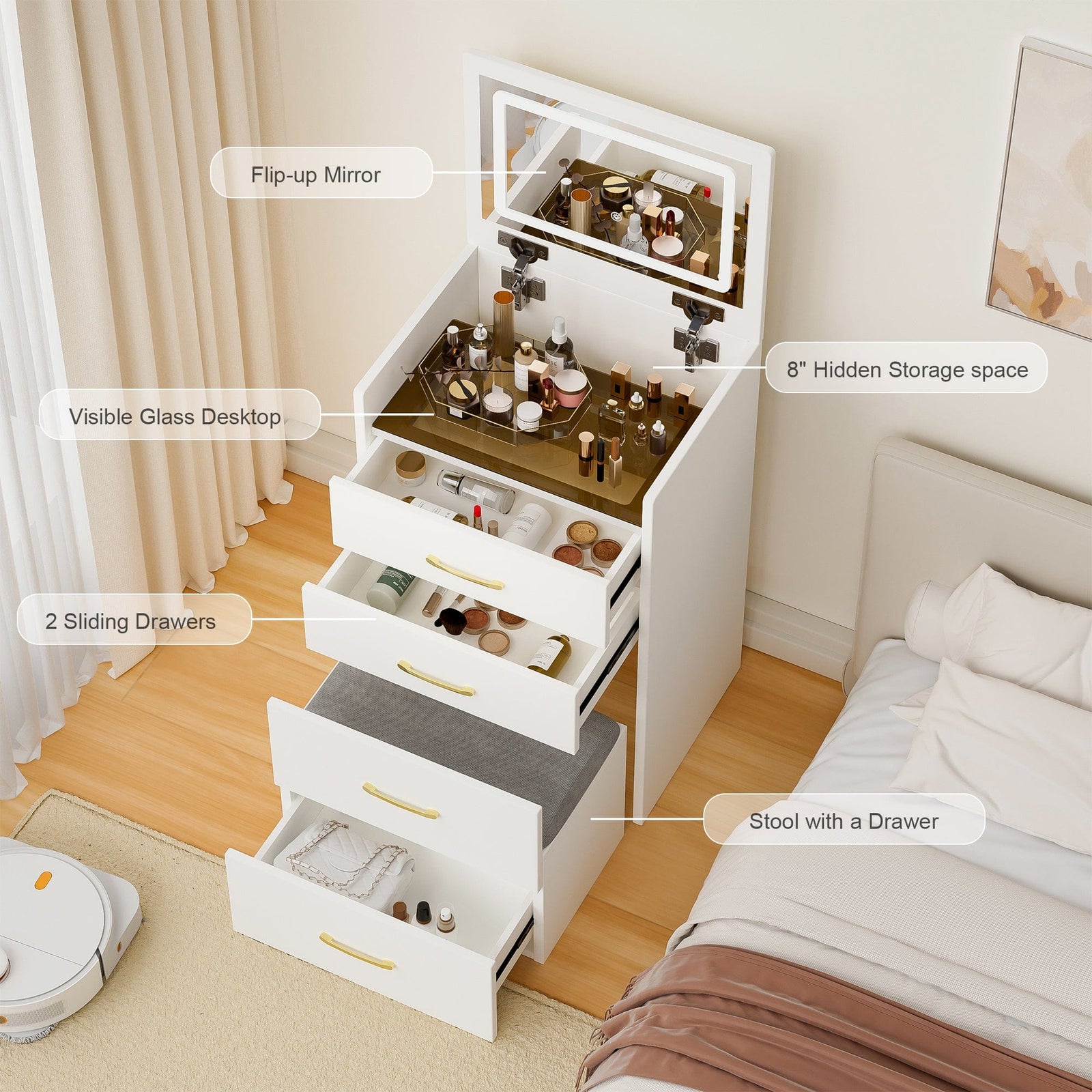 THE FURNITURE CO. Vanity Default 3 In 1 Vanity Desk With Open Top Mirror And Glass Surface Compact Makeup Vanity With 3 Drawers In White