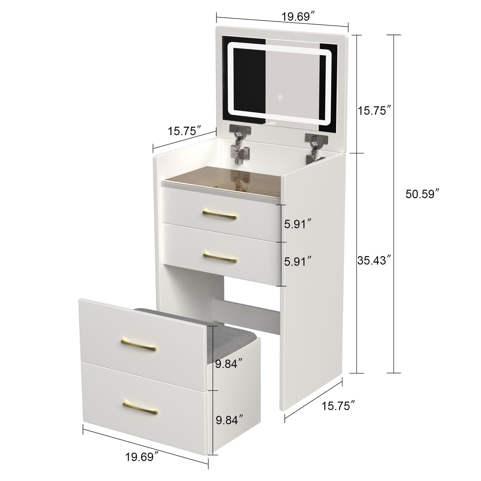 THE FURNITURE CO. Vanity Default 3 In 1 Vanity Desk With Open Top Mirror And Glass Surface Compact Makeup Vanity With 3 Drawers In White