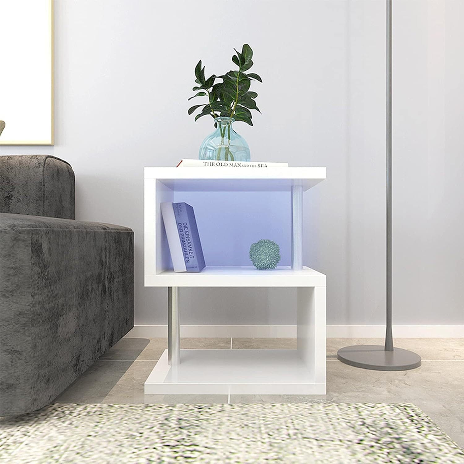 THE FURNITURE CO. Vanity Default 3 Tier S-Shaped End Table With USB Power Supply And Open Storage In White