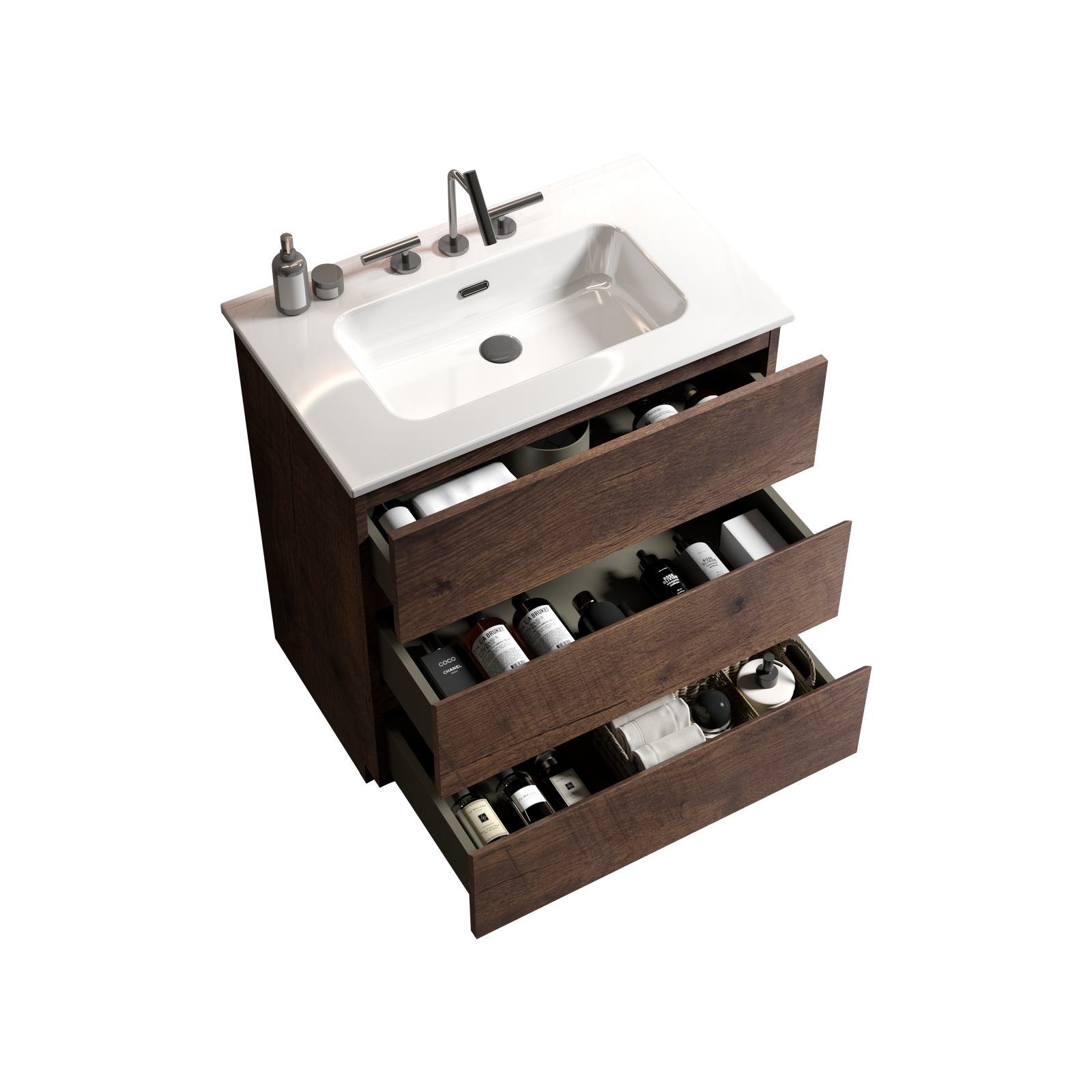 THE FURNITURE CO. Vanity Default 30' Walnut Bathroom Vanity with Sink and 3 Faucet Holes Large Storage Freestanding Design One-Piece White Sink Basin Pre-Assembled In White and Walnut