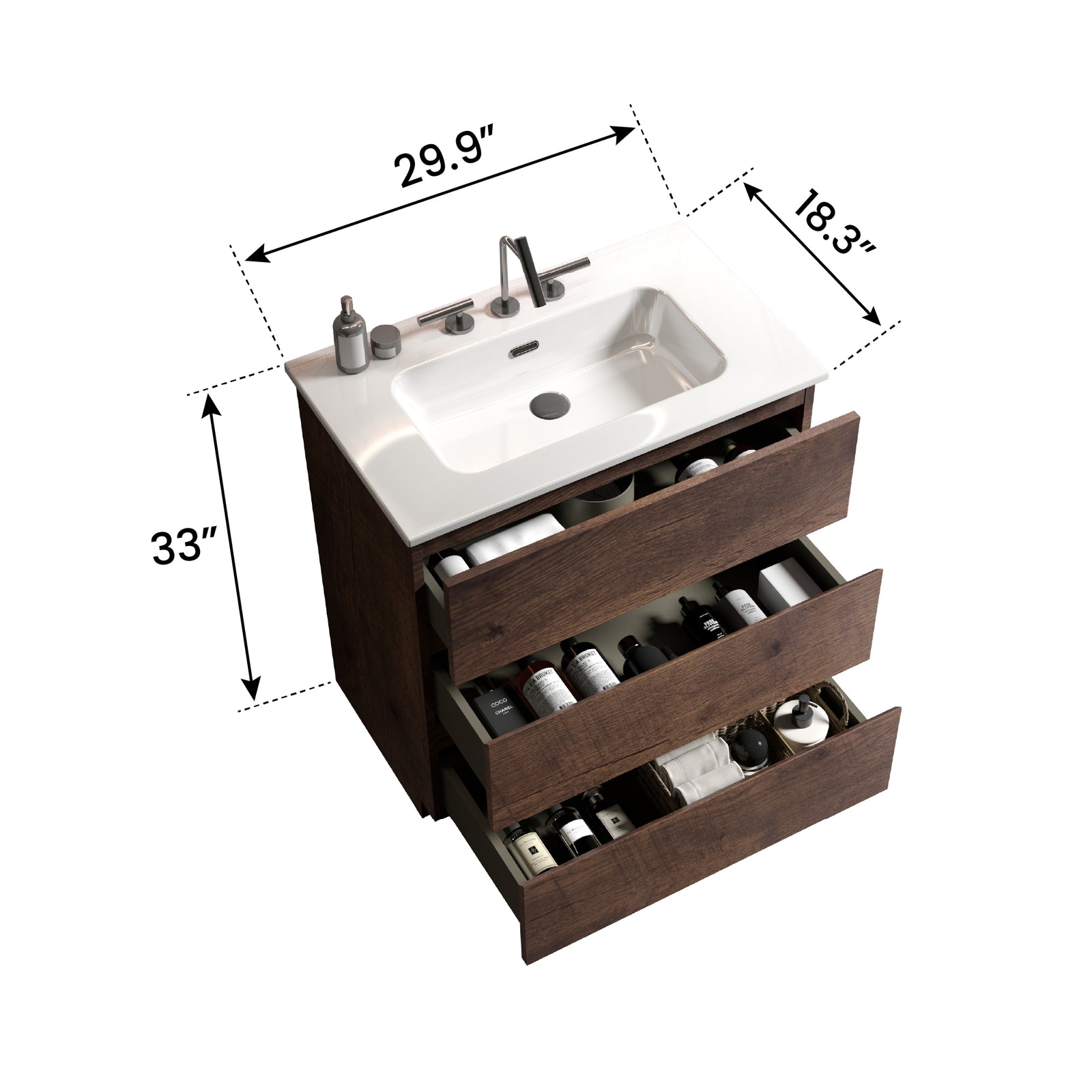 THE FURNITURE CO. Vanity Default 30' Walnut Bathroom Vanity with Sink and 3 Faucet Holes Large Storage Freestanding Design One-Piece White Sink Basin Pre-Assembled In White and Walnut