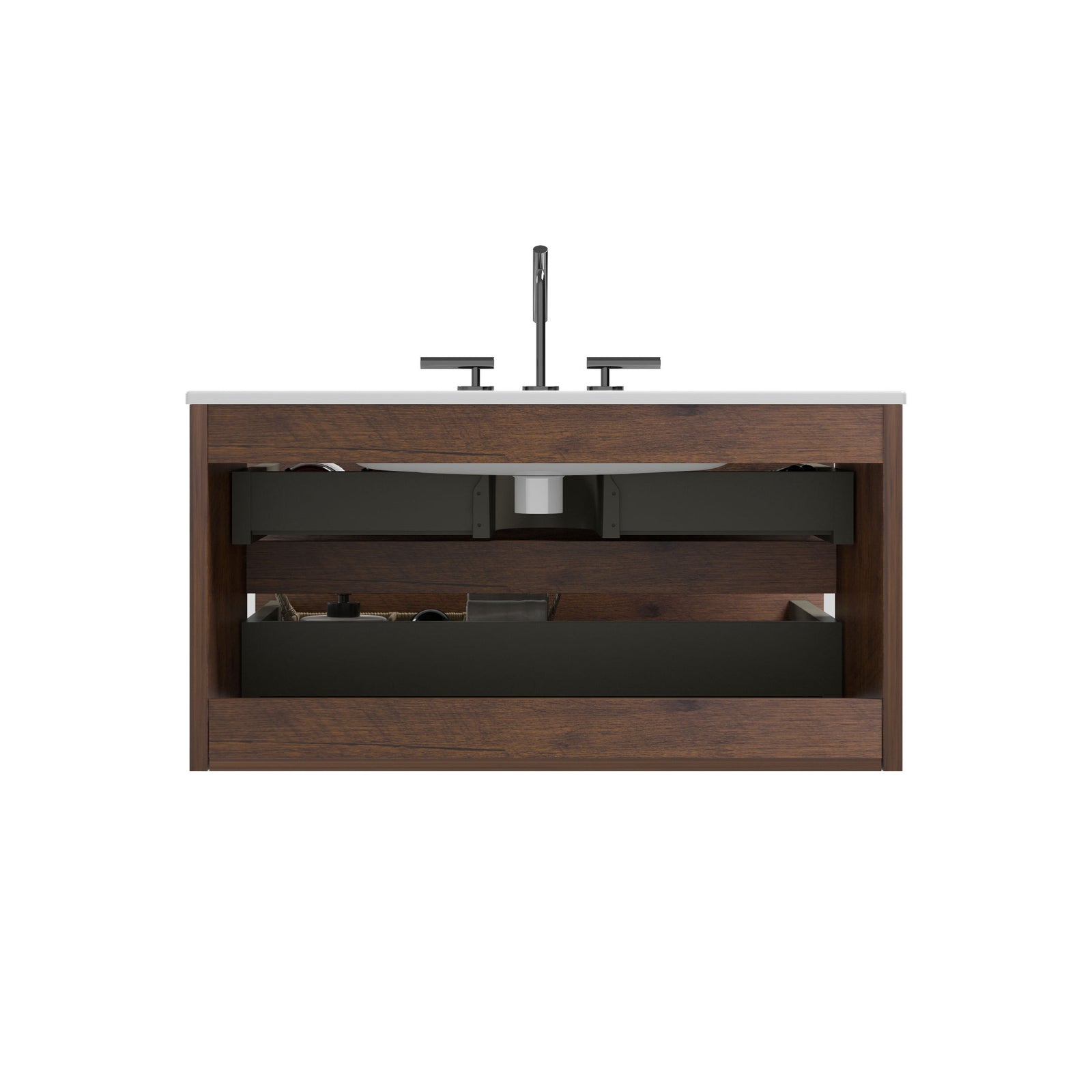 THE FURNITURE CO. Vanity Default 36 Inch Wall Mount Walnut Bathroom Vanity With Ceramic Sink And Three Faucet Holes Large Storage Pre-assembled In White And Walnut