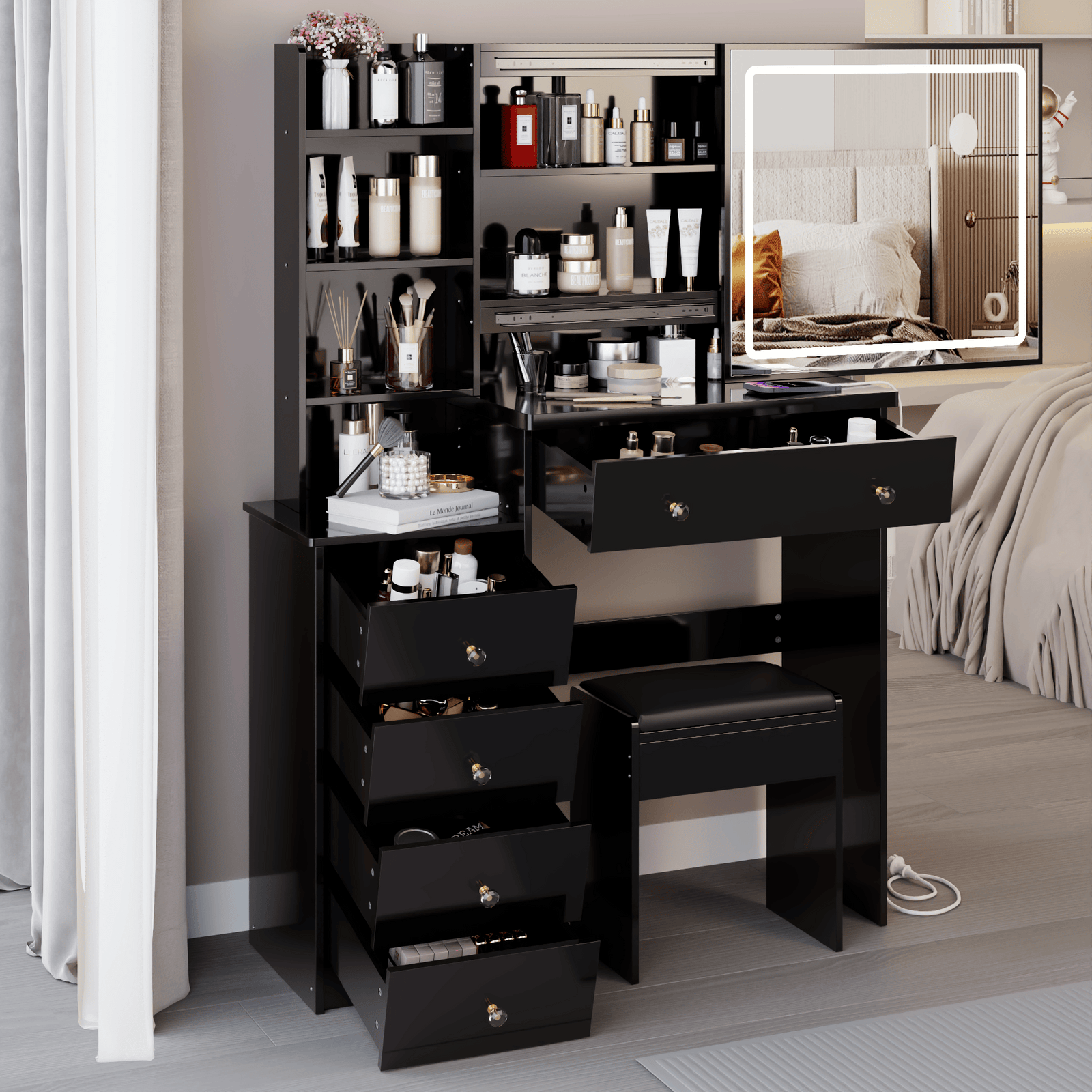 THE FURNITURE CO. Vanity Default 37 Inch Left Bedside Cabinet Vanity Table Set With Cushioned Stool 2 AC Outlets 2 USB Ports Touch Control LED Mirror In Black