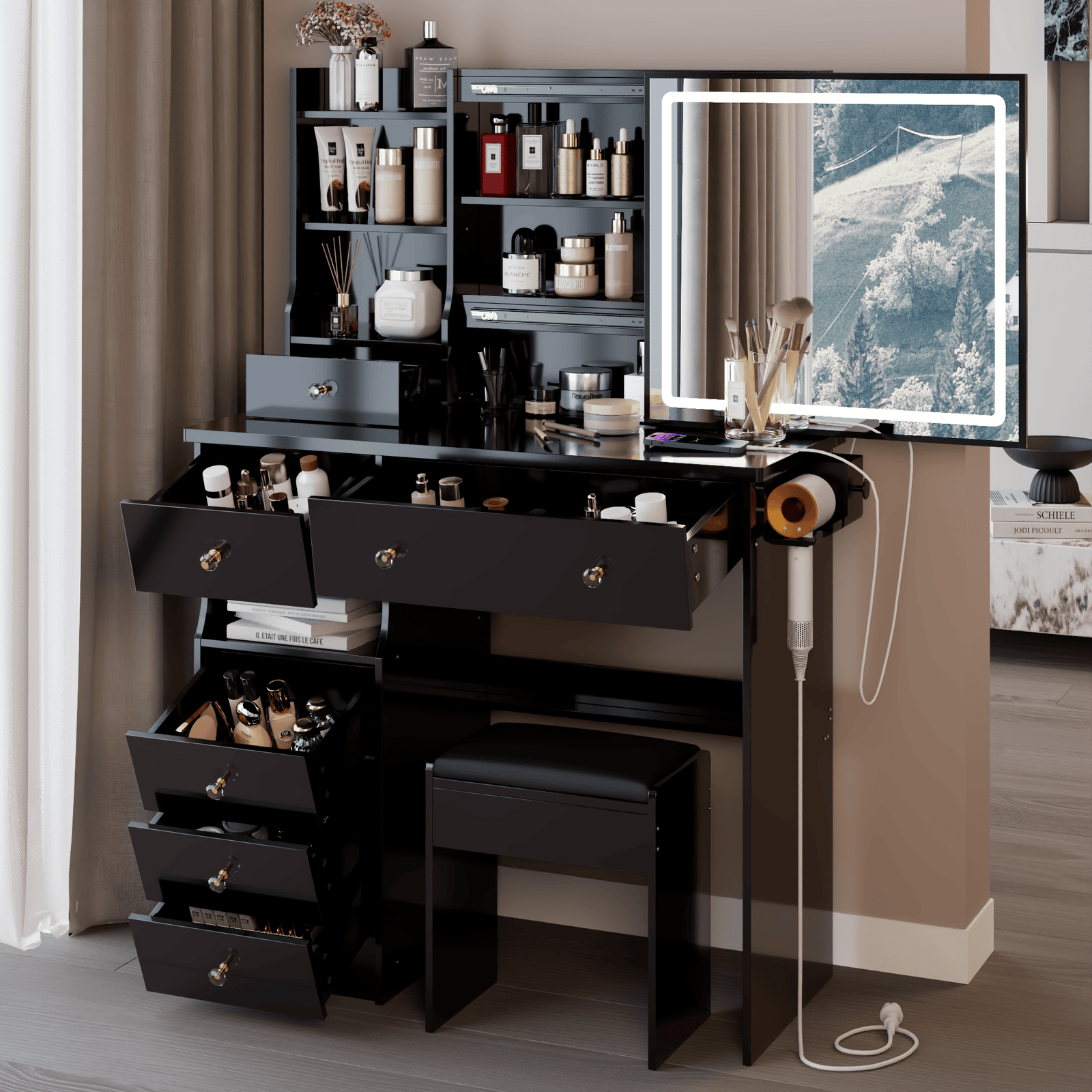 THE FURNITURE CO. Vanity Default 37 Inch Left Drawer Desktop Vanity Table Set With Stool, 2 AC and 2 USB Sockets, Touch Control LED Mirror, Hair Dryer Stand In Black