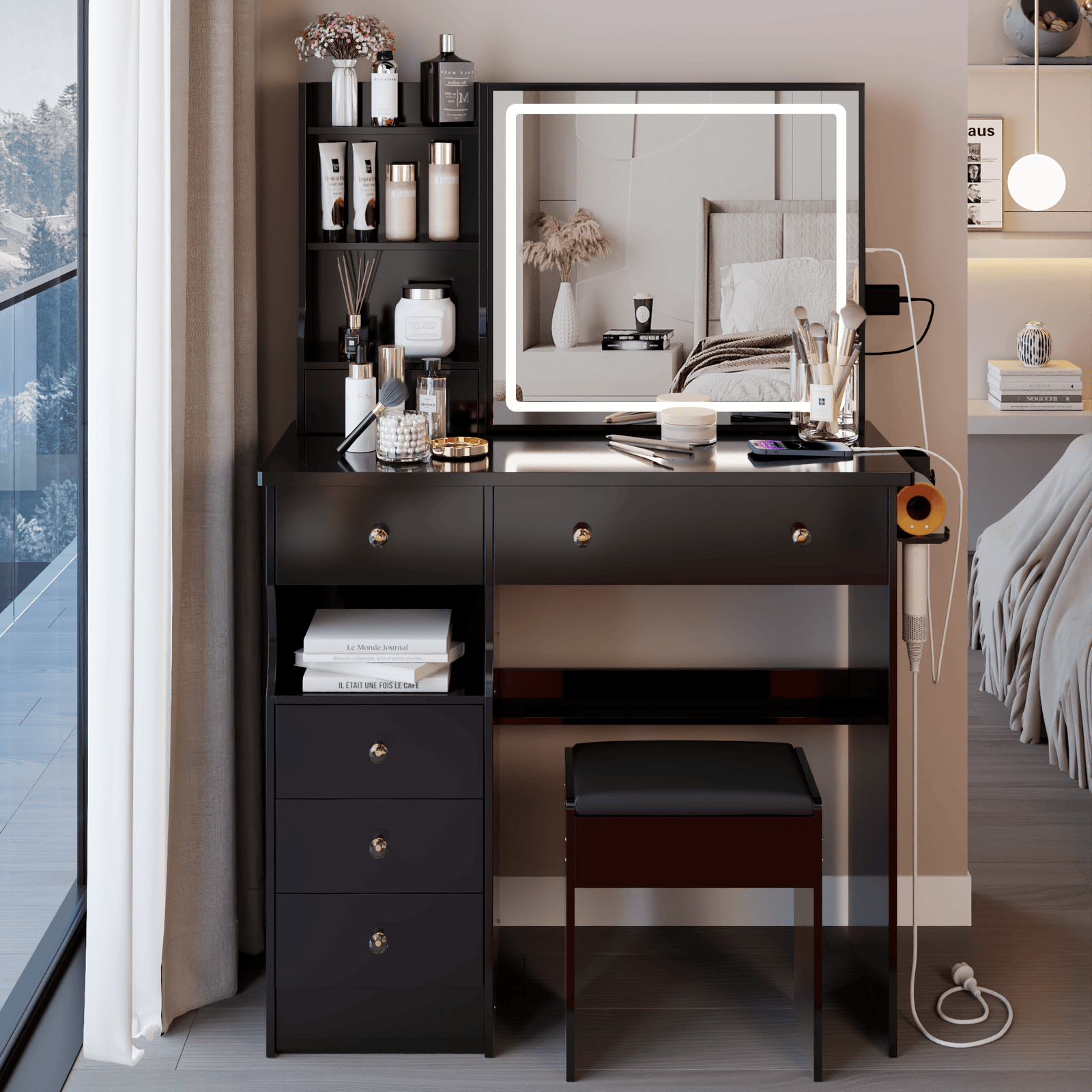 THE FURNITURE CO. Vanity Default 37 Inch Left Drawer Desktop Vanity Table Set With Stool, 2 AC and 2 USB Sockets, Touch Control LED Mirror, Hair Dryer Stand In Black