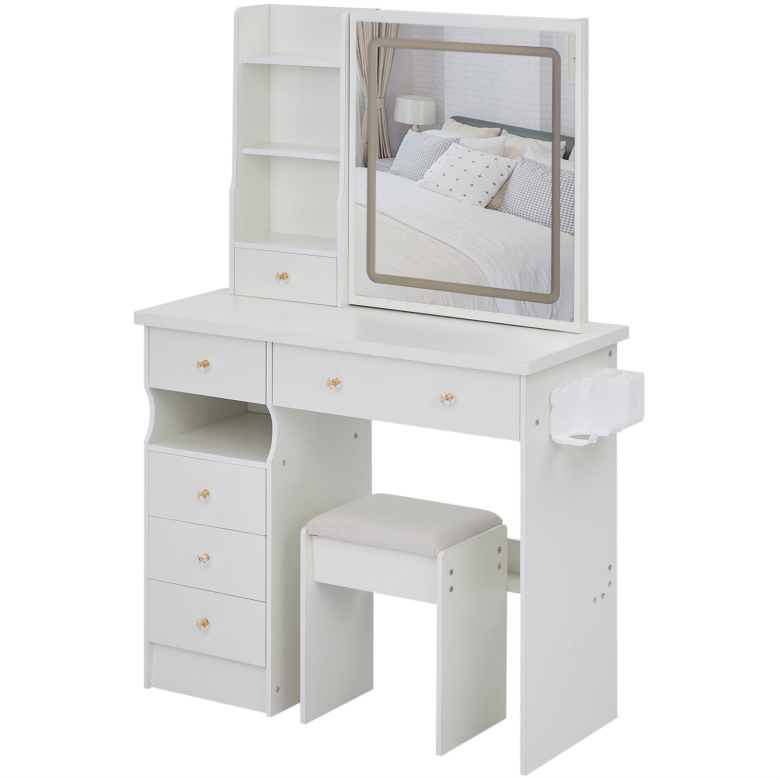 THE FURNITURE CO. Vanity Default 37 Inch Left Drawer Desktop Vanity Table With USB Ports LED Mirror Cushioned Stool Hair Dryer Stand In White