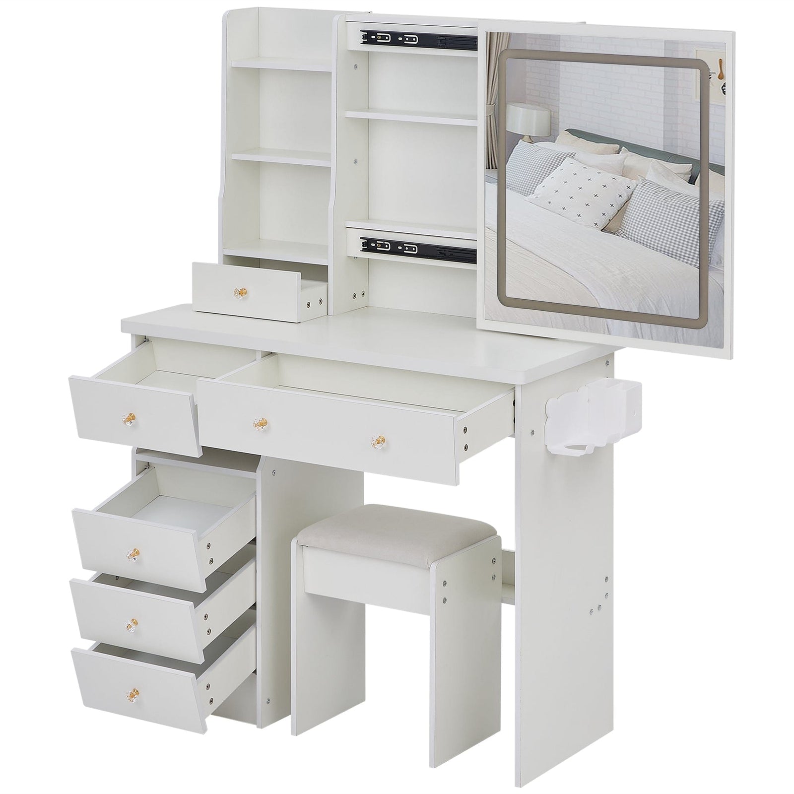 THE FURNITURE CO. Vanity Default 37 Inch Left Drawer Desktop Vanity Table With USB Ports LED Mirror Cushioned Stool Hair Dryer Stand In White