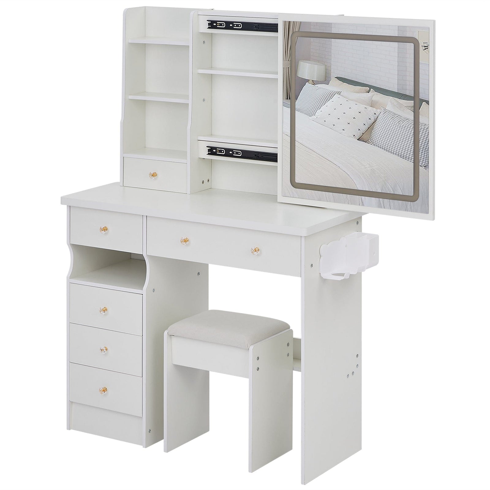 THE FURNITURE CO. Vanity Default 37 Inch Left Drawer Desktop Vanity Table With USB Ports LED Mirror Cushioned Stool Hair Dryer Stand In White