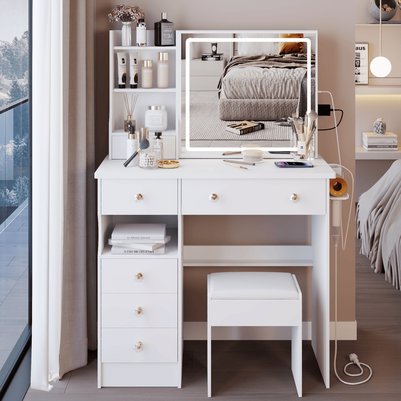 THE FURNITURE CO. Vanity Default 37 Inch Left Drawer Desktop Vanity Table With USB Ports LED Mirror Cushioned Stool Hair Dryer Stand In White