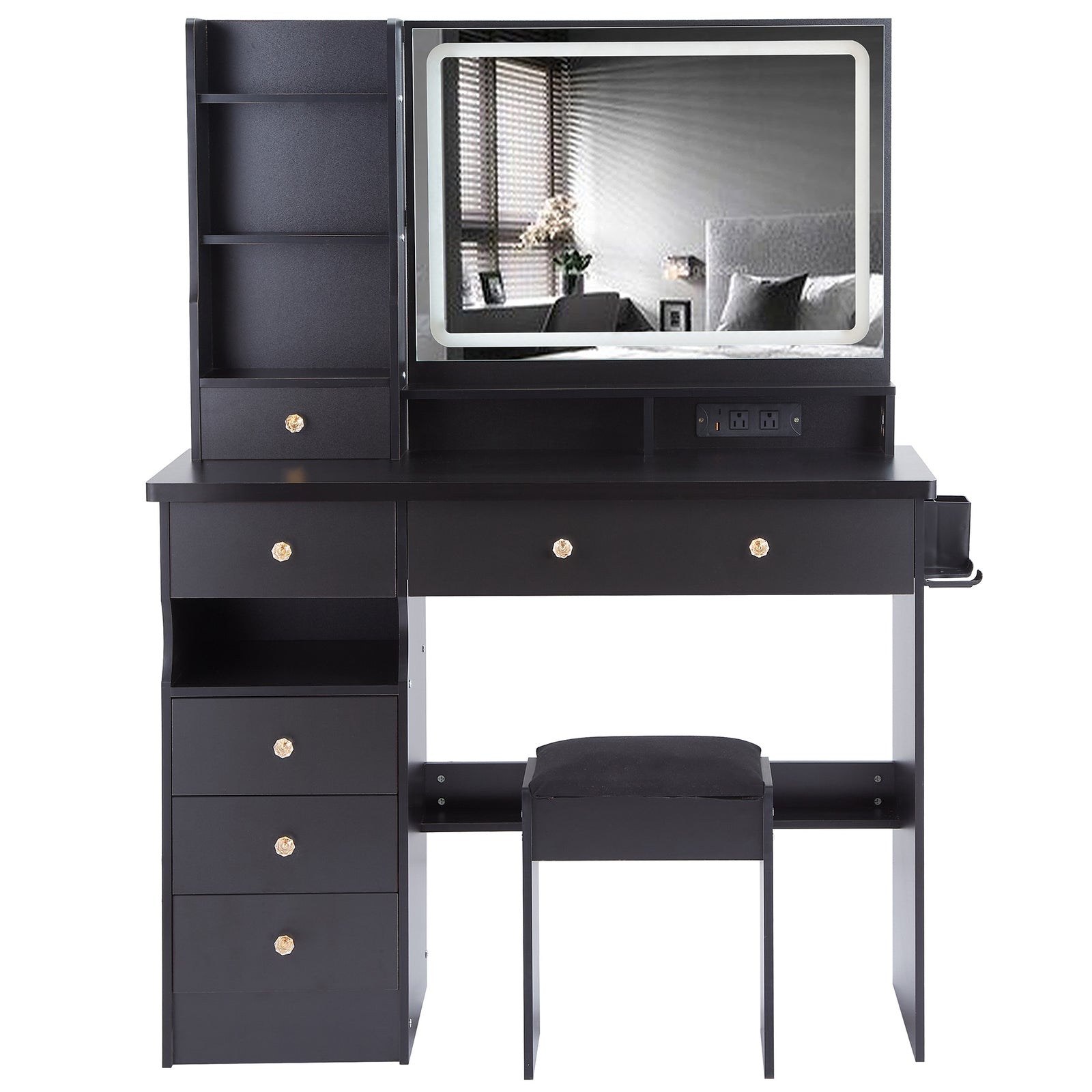 THE FURNITURE CO. Vanity Default 41 Inch Large Left Drawer Desktop Vanity Table Set with Cushioned Stool and Extra Large Touch Control LED Mirror In Black