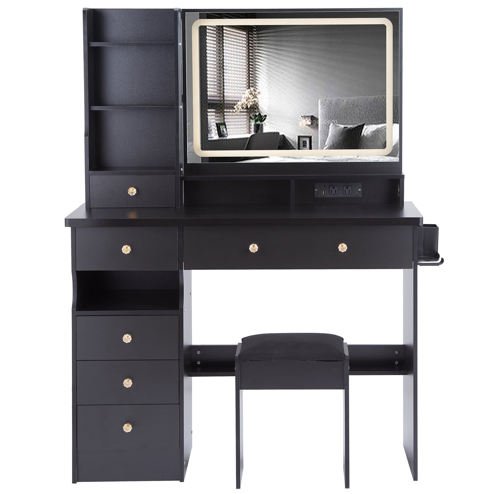 THE FURNITURE CO. Vanity Default 41 Inch Large Left Drawer Desktop Vanity Table Set with Cushioned Stool and Extra Large Touch Control LED Mirror In Black