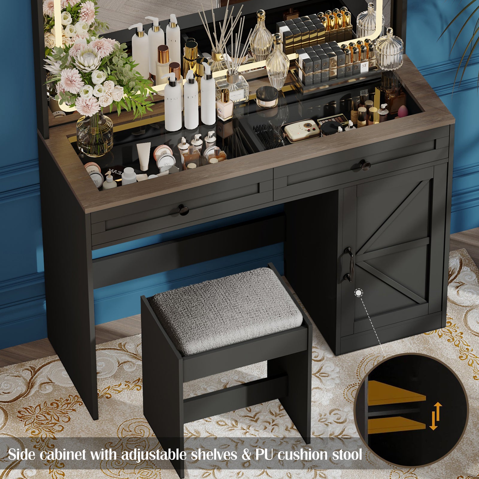 THE FURNITURE CO. Vanity Default 43.3 Makeup Vanity Table with Large Mirror and LED Lights, Brightness Adjustable Dressing Table with 3 Drawers In Black with Stool