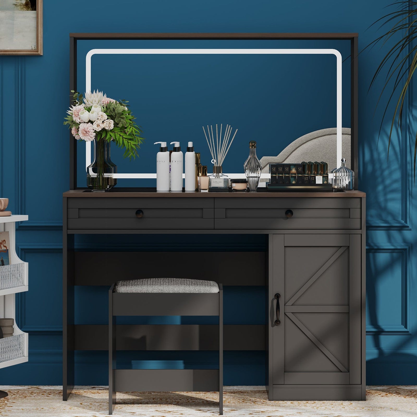 THE FURNITURE CO. Vanity Default 43.3 Makeup Vanity Table with Large Mirror and LED Lights, Brightness Adjustable Dressing Table with 3 Drawers In Black with Stool