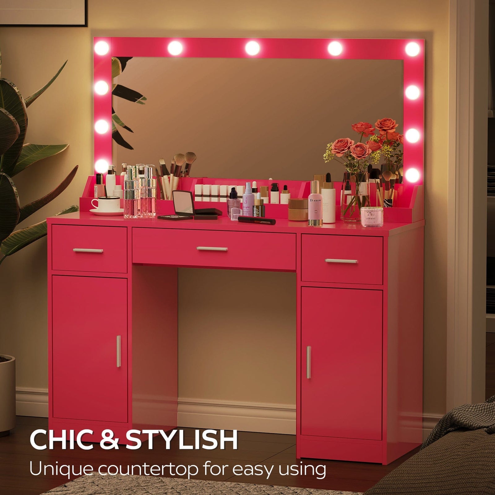 THE FURNITURE CO. Vanity Default 47.2 Vanity Desk with Large Mirror and 3 Lighting Modes Adjustable Brightness with 3 Drawers and 2 Cabinets In Rose Pink