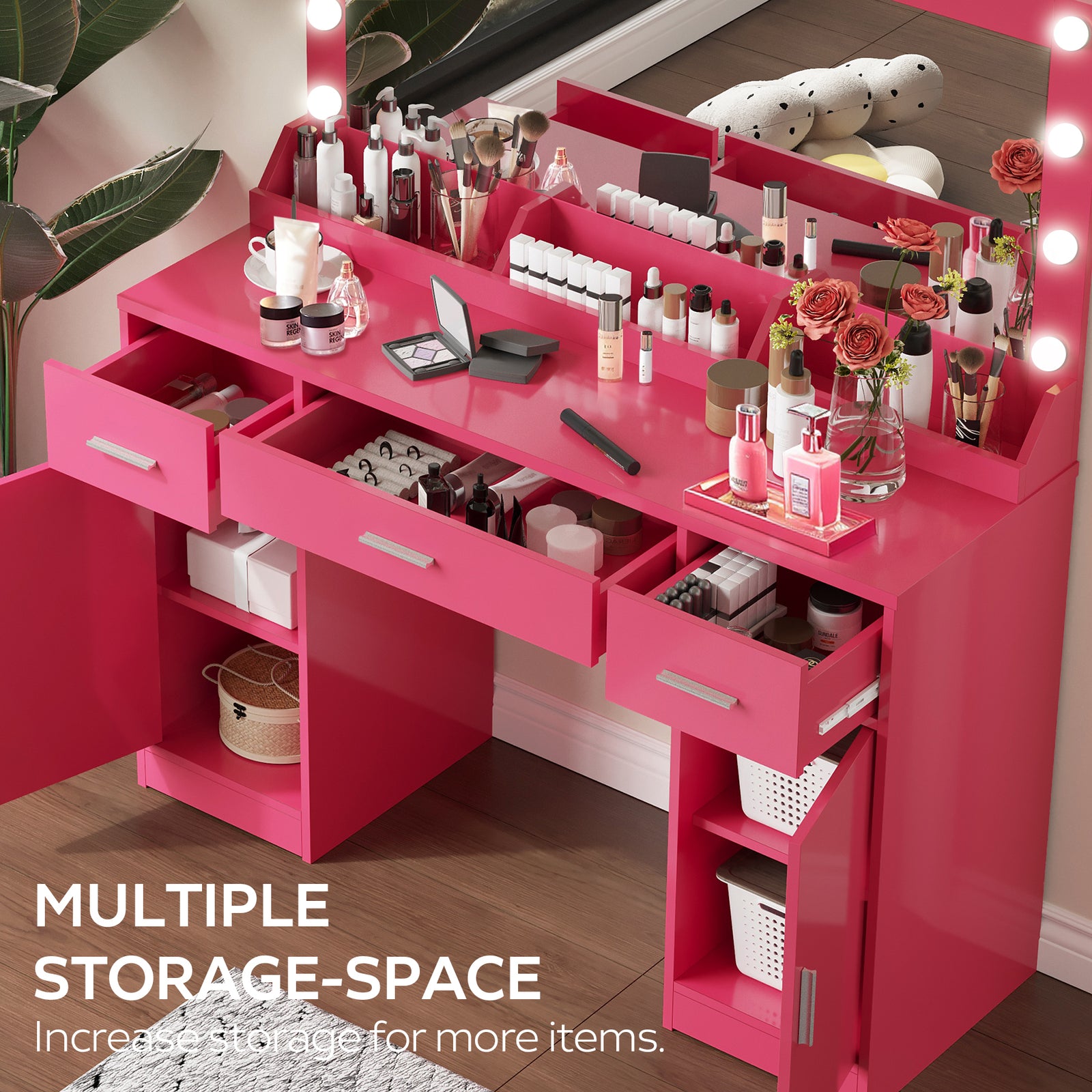 THE FURNITURE CO. Vanity Default 47.2 Vanity Desk with Large Mirror and 3 Lighting Modes Adjustable Brightness with 3 Drawers and 2 Cabinets In Rose Pink