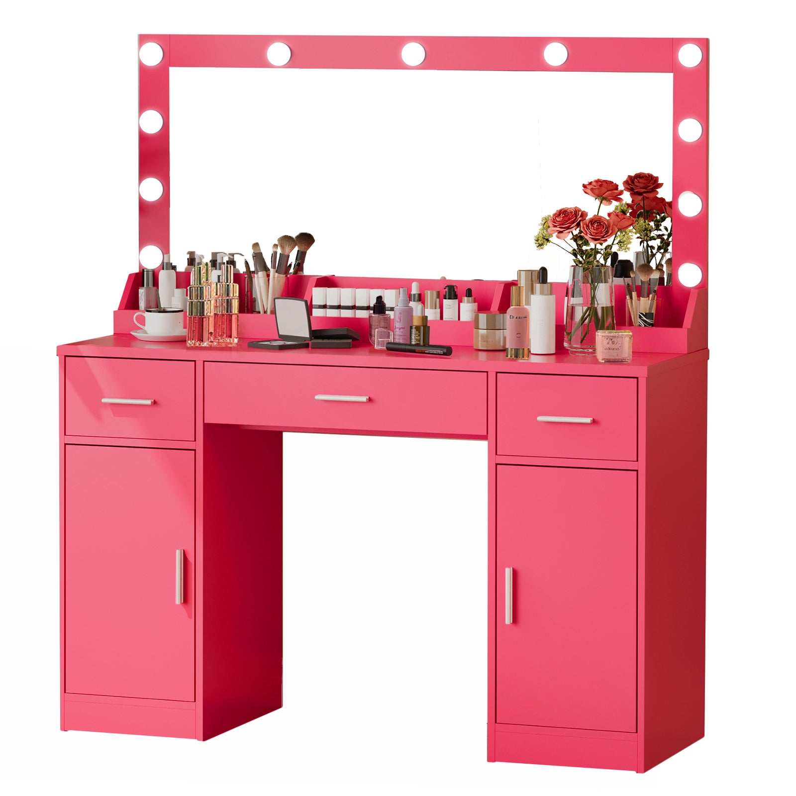 THE FURNITURE CO. Vanity Default 47.2 Vanity Desk with Large Mirror and 3 Lighting Modes Adjustable Brightness with 3 Drawers and 2 Cabinets In Rose Pink