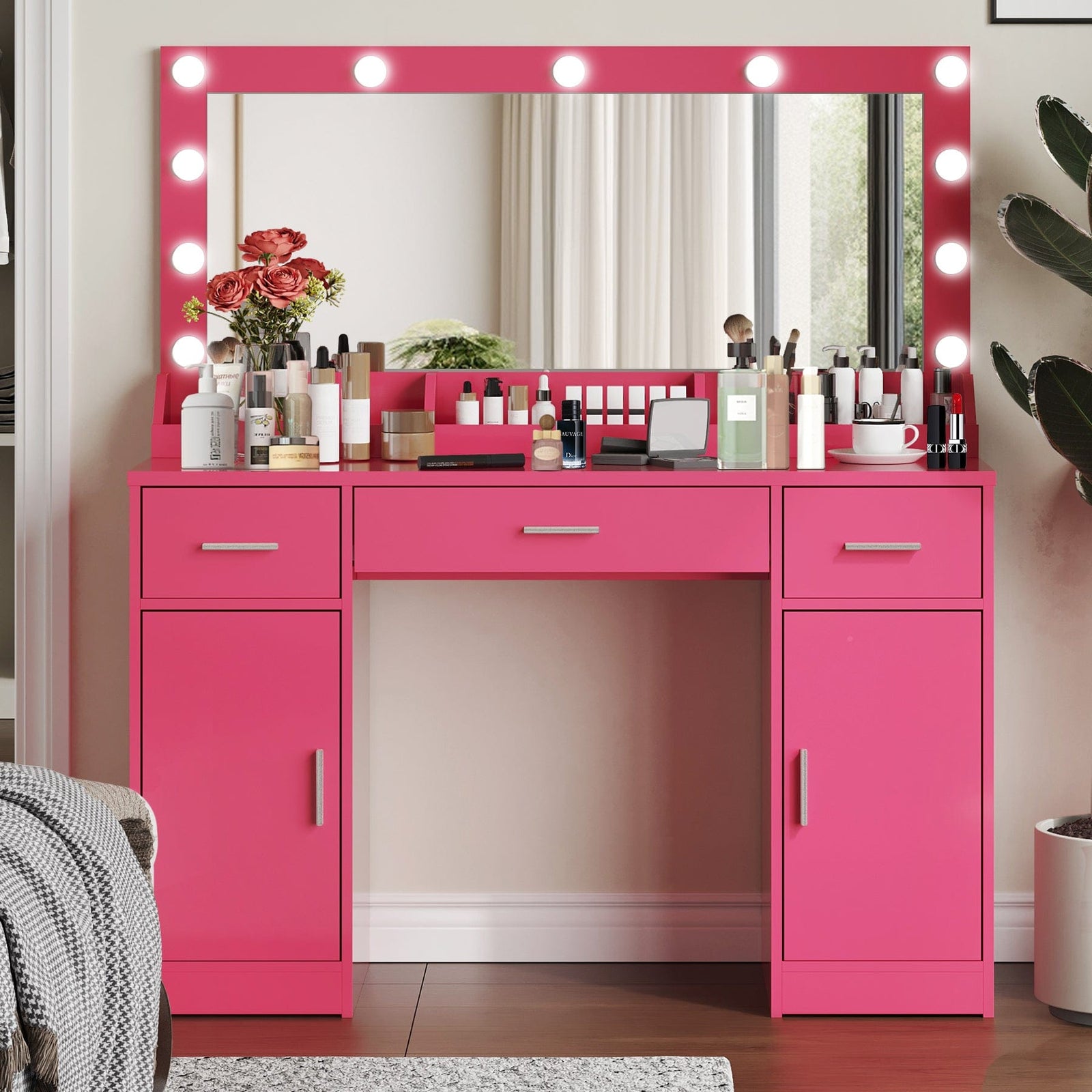 THE FURNITURE CO. Vanity Default 47.2 Vanity Desk with Large Mirror and 3 Lighting Modes Adjustable Brightness with 3 Drawers and 2 Cabinets In Rose Pink