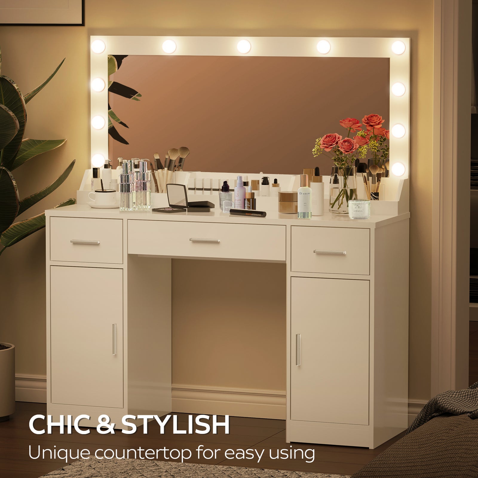 THE FURNITURE CO. Vanity Default 47.2 Vanity Desk with Large Mirror and 3 Lighting Modes Adjustable Brightness with 3 Drawers and 2 Cabinets In White