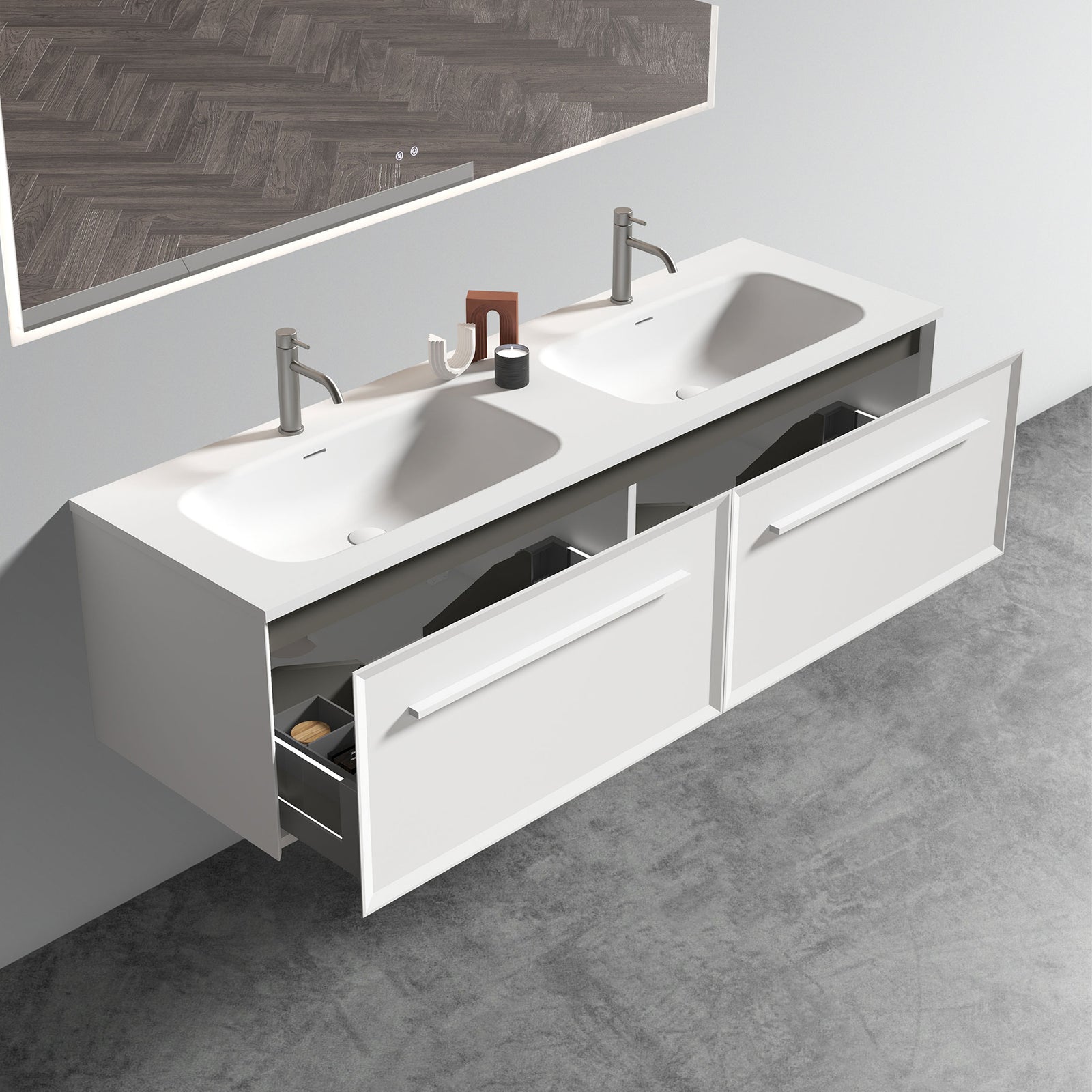 THE FURNITURE CO. Vanity Default 60 Inch Matt Snow White Bathroom Vanity with LED Drawer Light and Integrated Sink In Matt Snow White