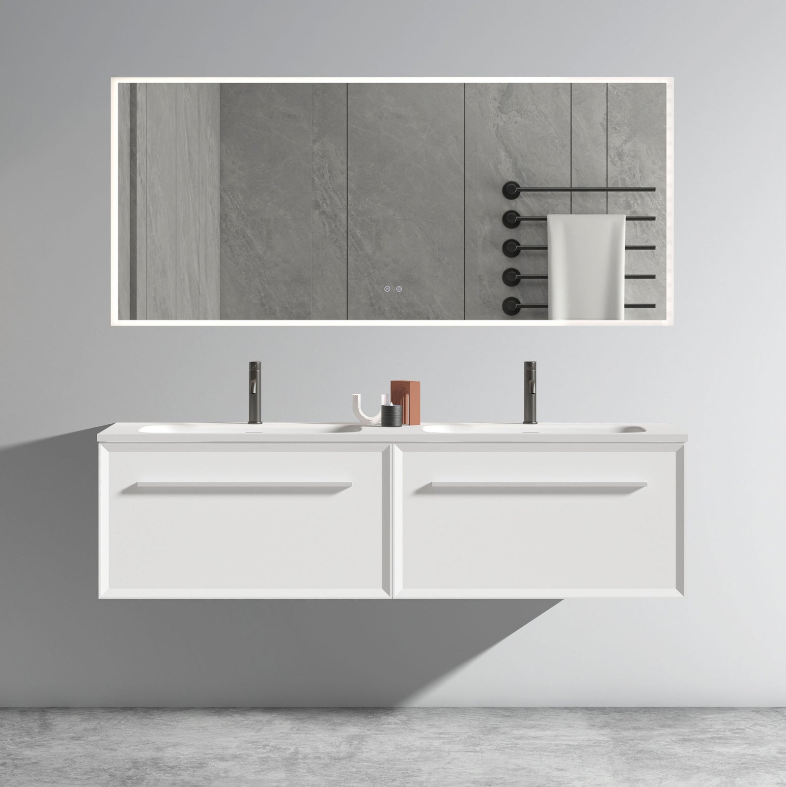 THE FURNITURE CO. Vanity Default 60 Inch Matt Snow White Bathroom Vanity with LED Drawer Light and Integrated Sink In Matt Snow White