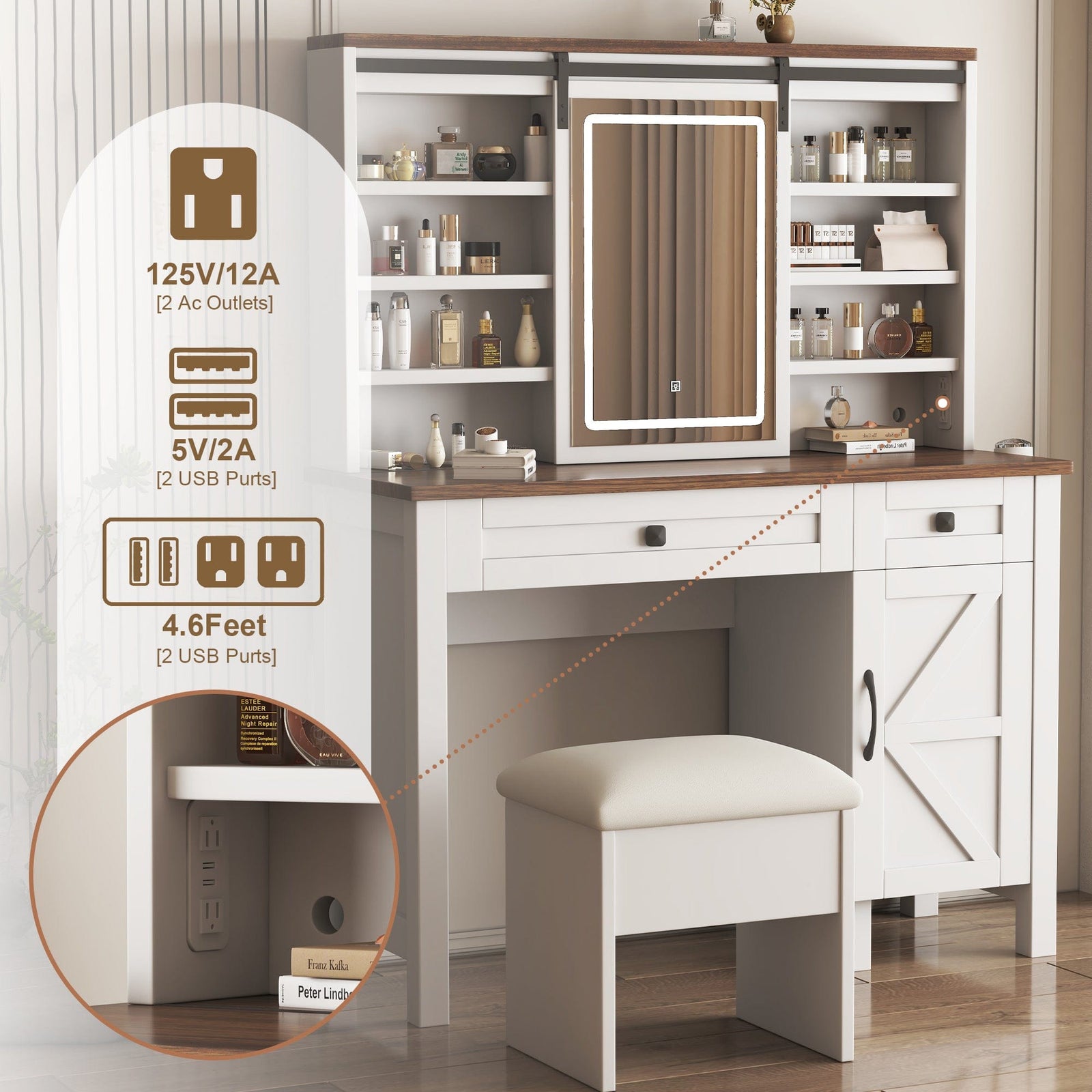 THE FURNITURE CO. Vanity Default Farmhouse Makeup Vanity Desk with Sliding Mirror and Lights Multilayer Storage Shelves and 2 Drawers Rustic Big Vanity Set In White