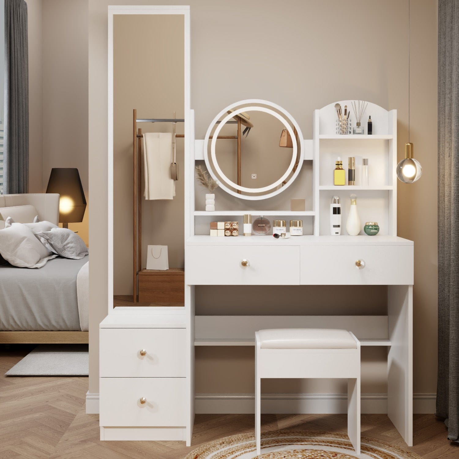 THE FURNITURE CO. Vanity Default Full Body Mirror Cabinet With LED Vanity Table And Cushioned Stool In White