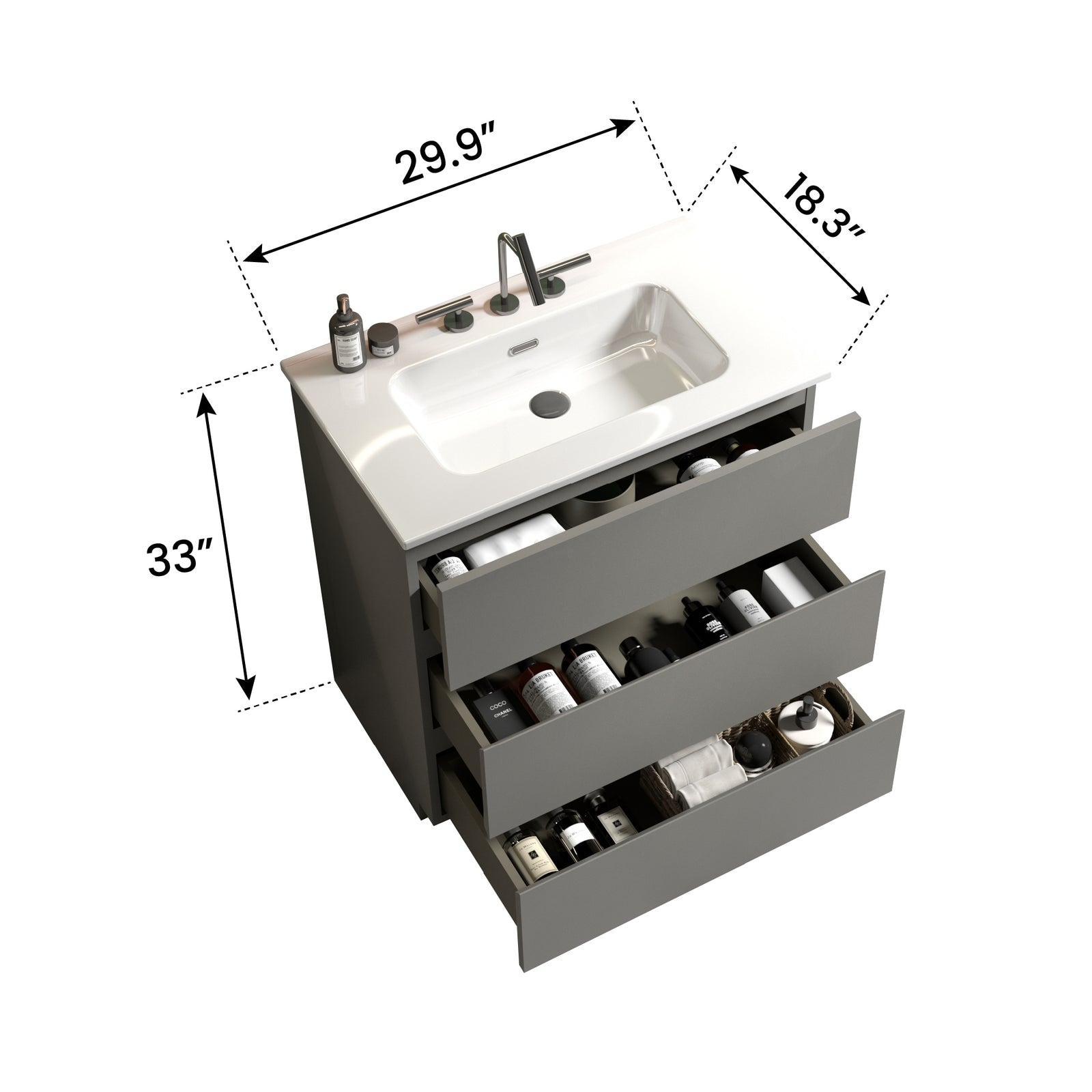 THE FURNITURE CO. Vanity Default Gray Bathroom Vanity with Large Storage and One-Piece Sink In Gray