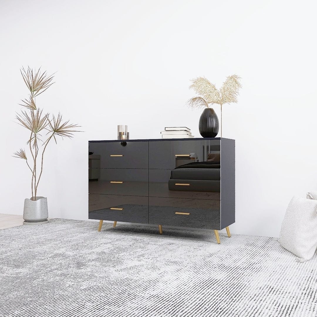 THE FURNITURE CO. Vanity Default High Glossy Surface 6 Drawers Chest of Drawer with Golden Handle and Legs In Black Color
