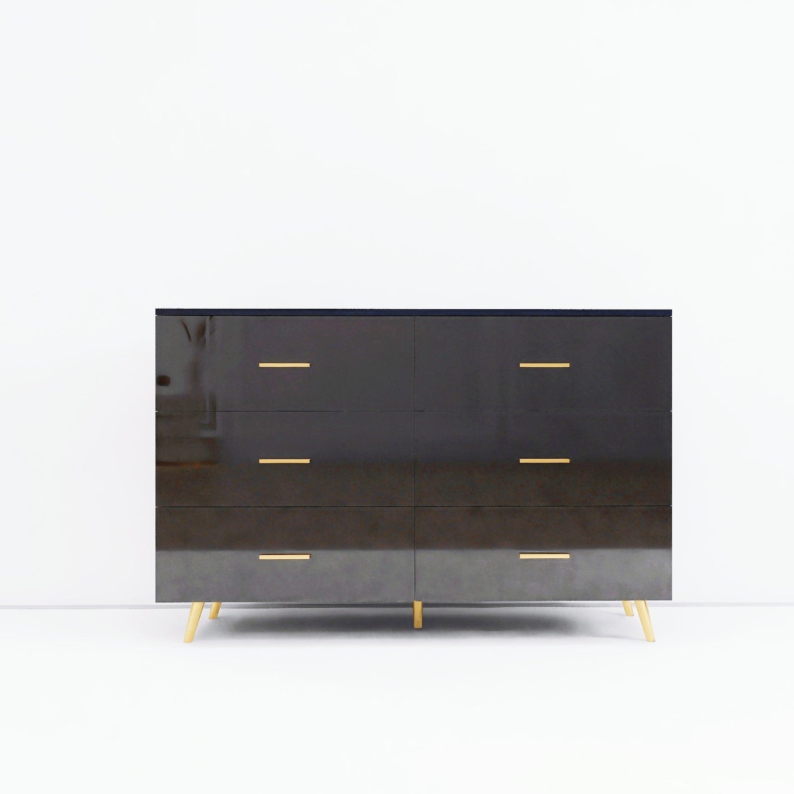 THE FURNITURE CO. Vanity Default High Glossy Surface 6 Drawers Chest of Drawer with Golden Handle and Legs In Black Color