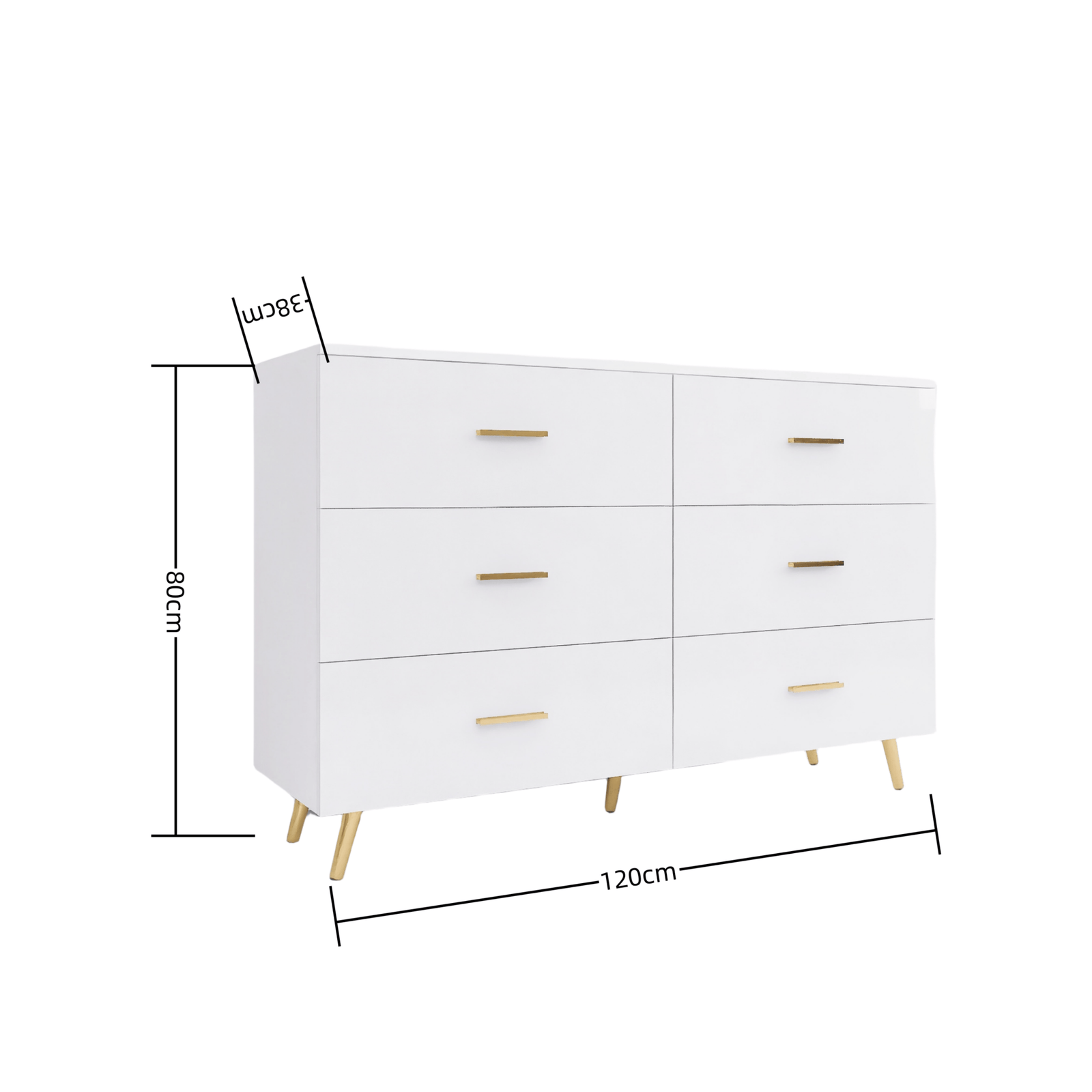 THE FURNITURE CO. Vanity Default High Glossy Surface 6 Drawers Chest With Golden Handle And Steel Legs In White