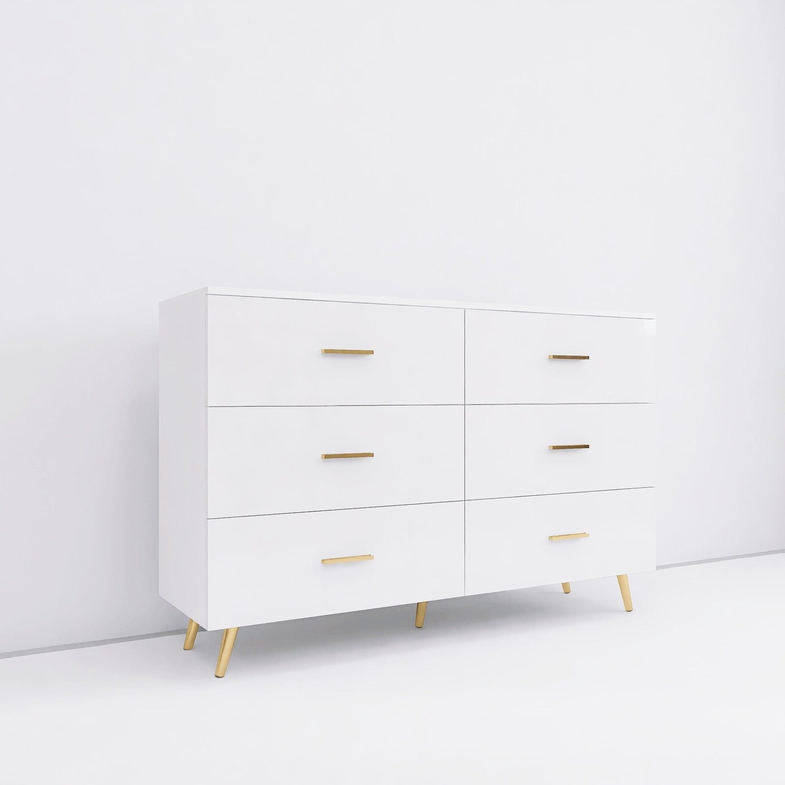 THE FURNITURE CO. Vanity Default High Glossy Surface 6 Drawers Chest With Golden Handle And Steel Legs In White