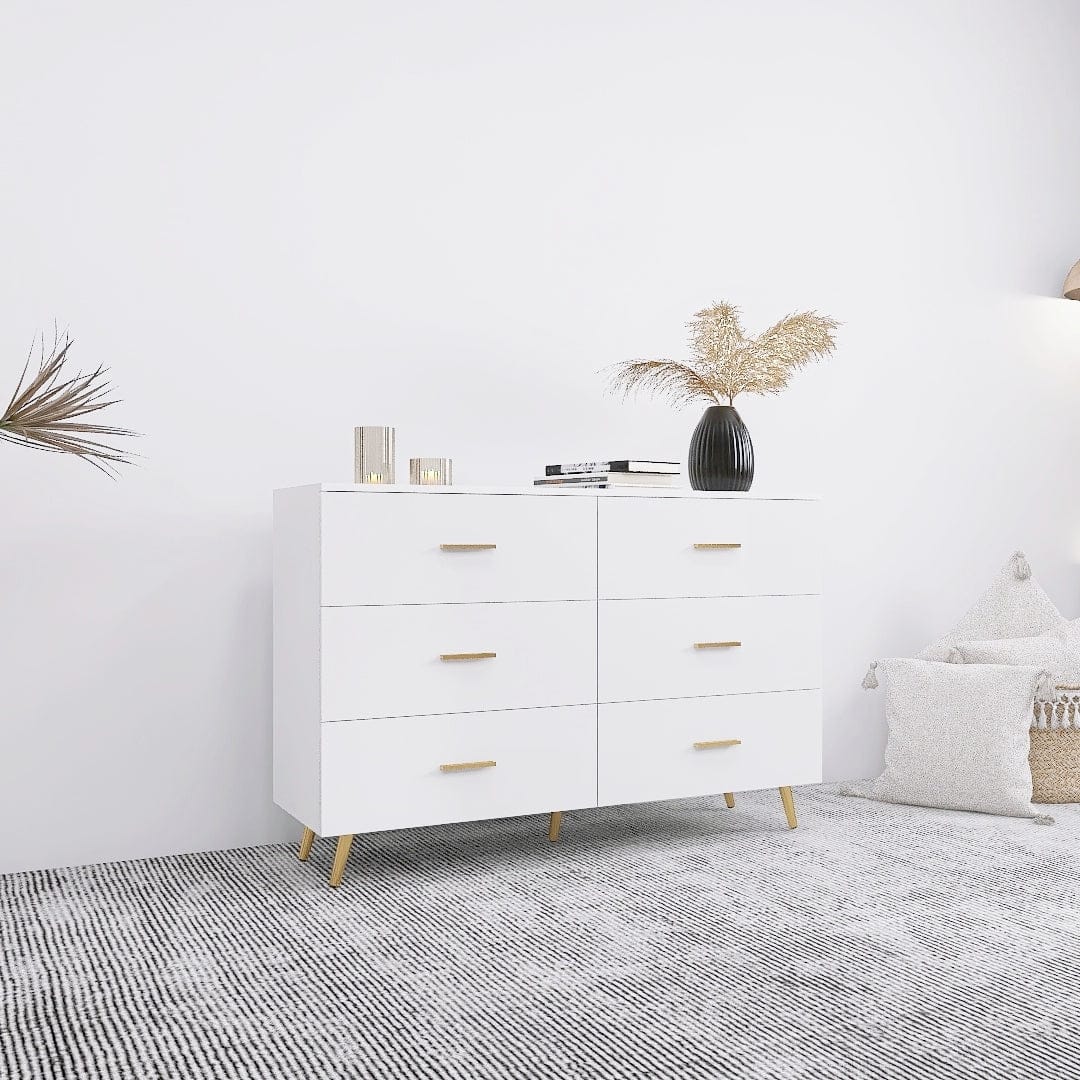 THE FURNITURE CO. Vanity Default High Glossy Surface 6 Drawers Chest With Golden Handle And Steel Legs In White