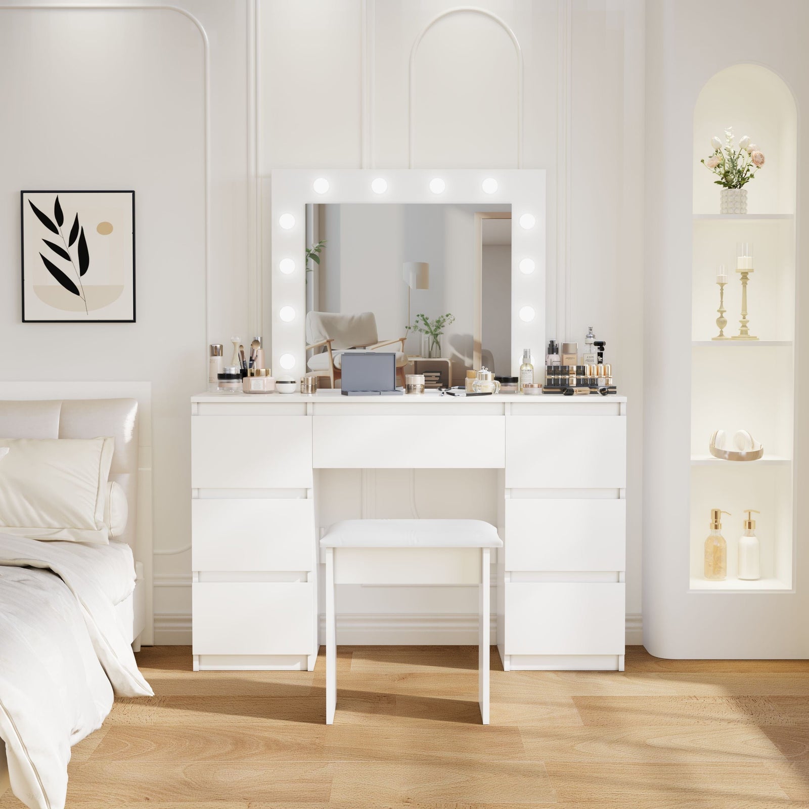 THE FURNITURE CO. Vanity Default Large White Vanity Tables with Mirror and Light In Matte White