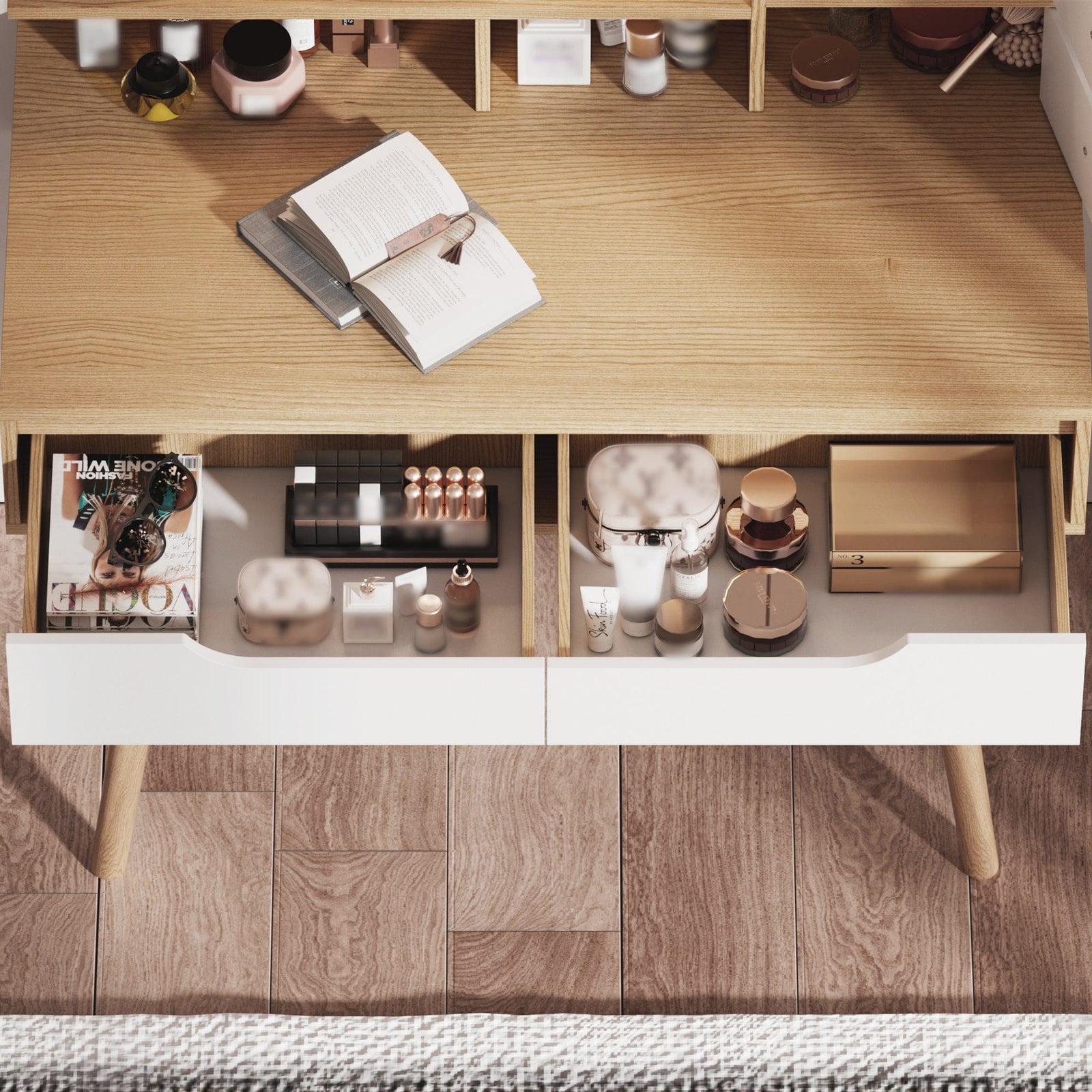 THE FURNITURE CO. Vanity Default Makeup Vanity Desk with 3 Adjustable Lighted Mirror and Solid Wood Feet Dressing Table Set with 4 Drawers and 3 Shelves in American White Oak