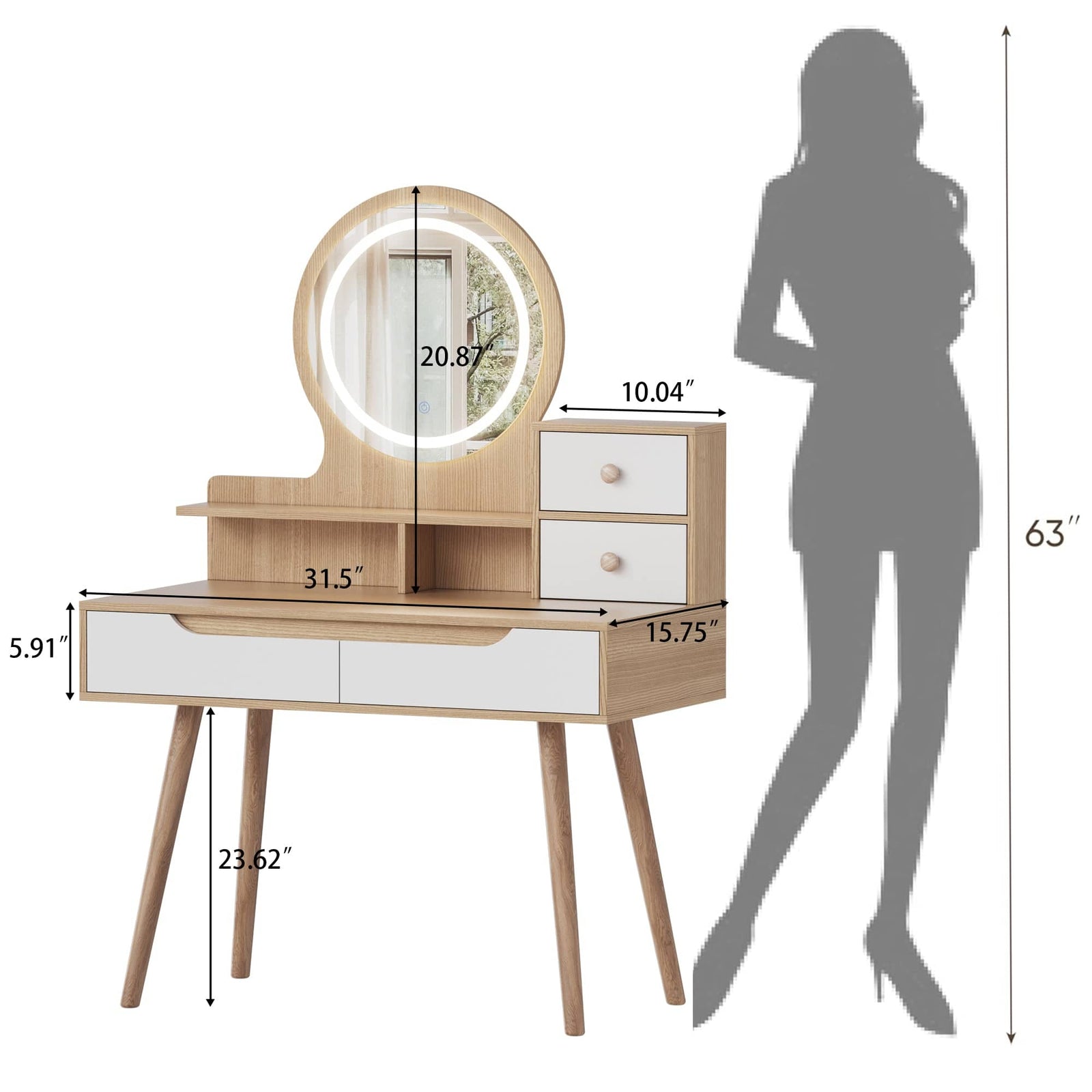 THE FURNITURE CO. Vanity Default Makeup Vanity Desk with 3 Adjustable Lighted Mirror and Solid Wood Feet Dressing Table Set with 4 Drawers and 3 Shelves in American White Oak