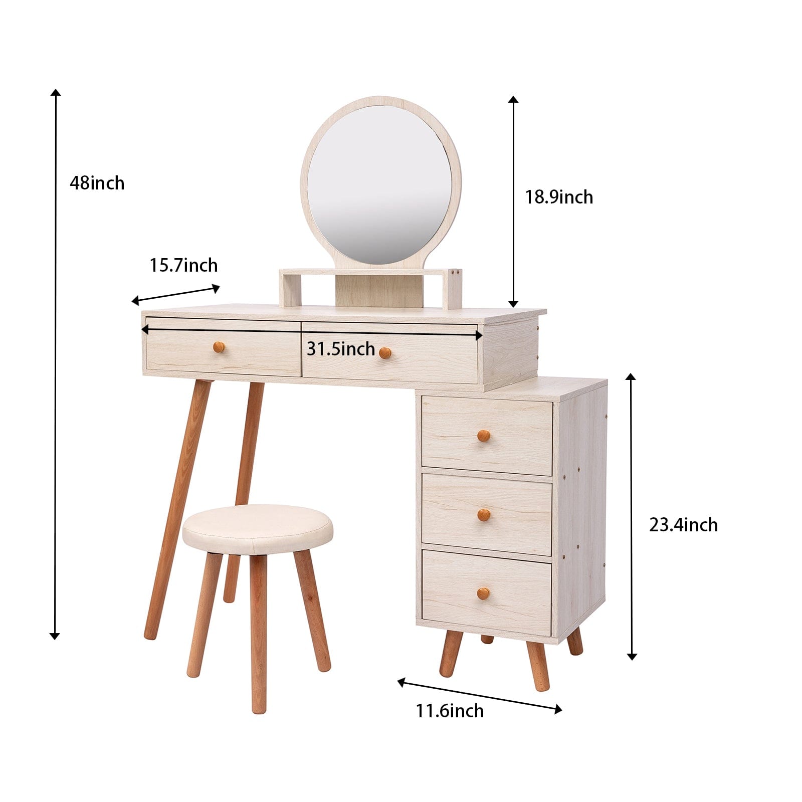 THE FURNITURE CO. Vanity Default Makeup Vanity Table with 5 Drawers and Mirror In American White Oak