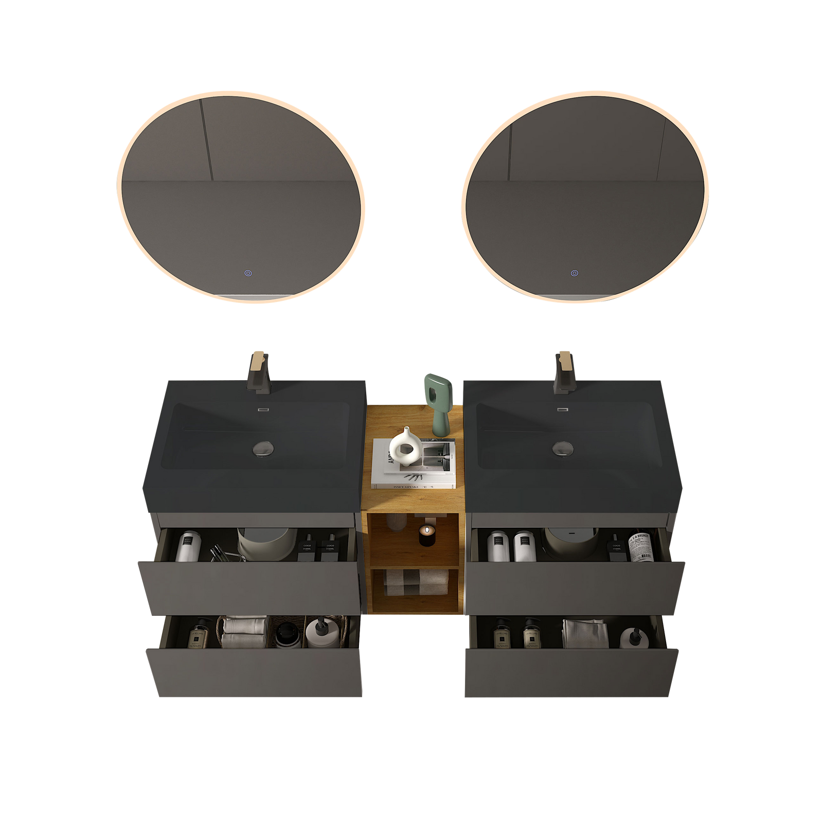 THE FURNITURE CO. Vanity Default Modern Space Gray Bathroom Vanity with Double Sinks and Open Shelf In Space Gray