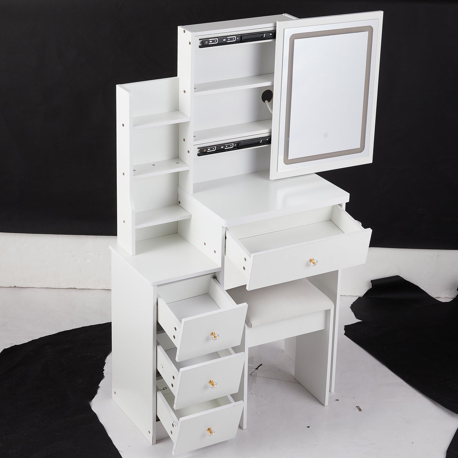 THE FURNITURE CO. Vanity Default Small Size Left Bedside Cabinet Vanity Table with Cushioned Stool and Extra Large Touch Control LED Mirror In White