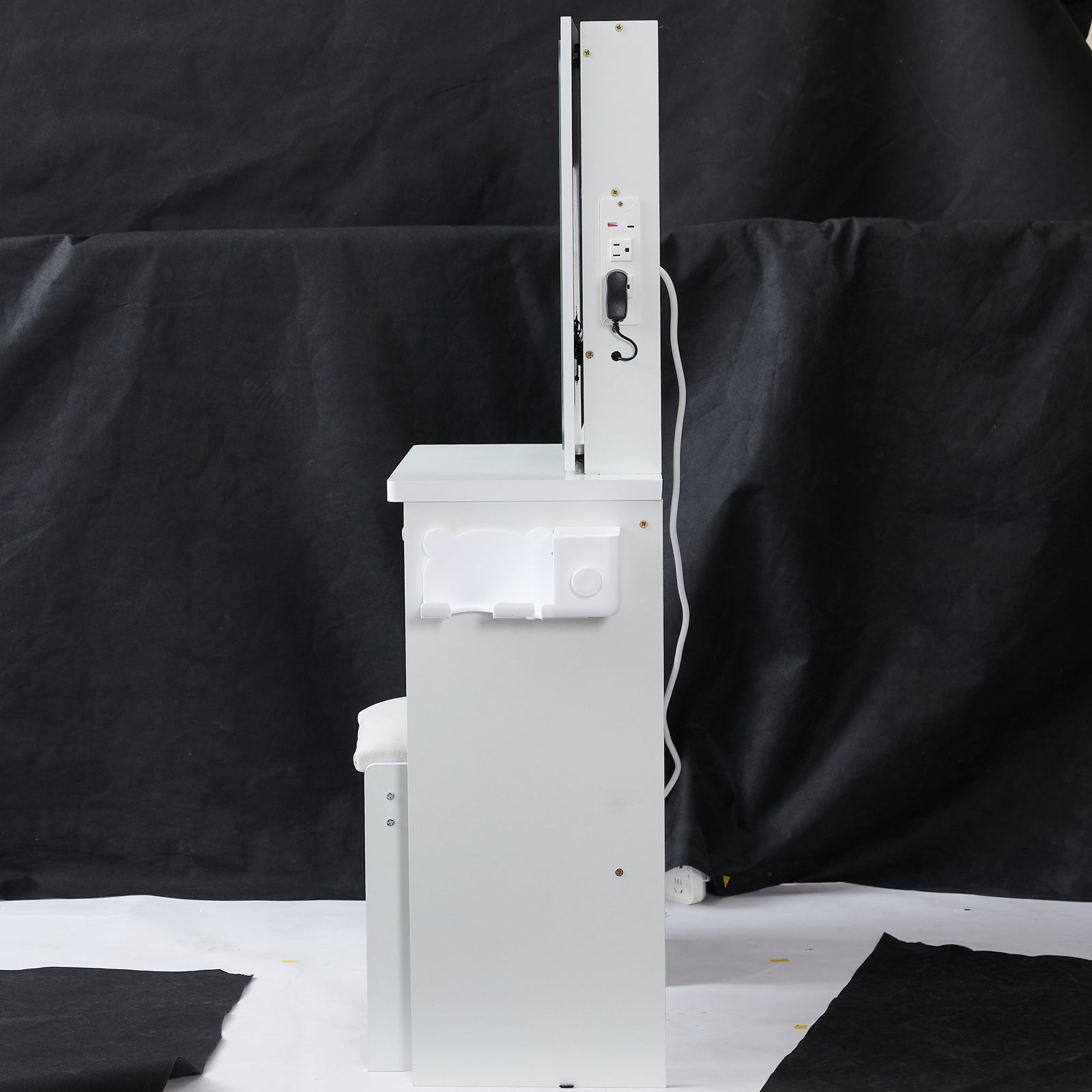 THE FURNITURE CO. Vanity Default Small Size Left Bedside Cabinet Vanity Table with Cushioned Stool and Extra Large Touch Control LED Mirror In White