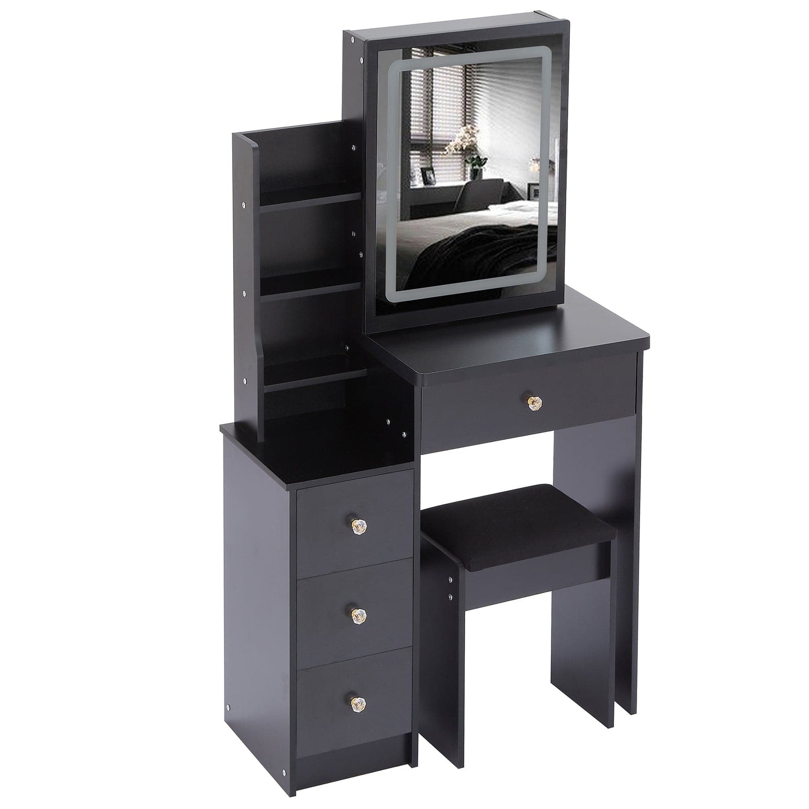 THE FURNITURE CO. Vanity Default Small Size Left Bedside Cabinet Vanity Table With Cushioned Stool And LED Mirror Brightness Adjust In Black