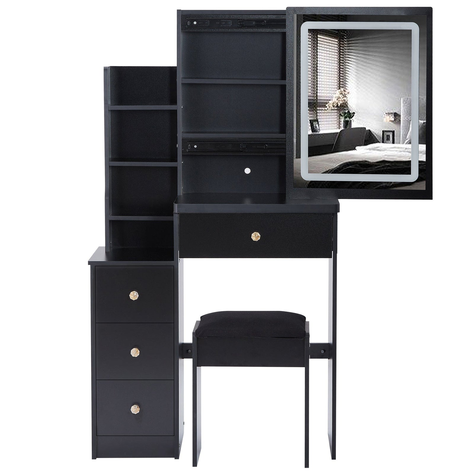 THE FURNITURE CO. Vanity Default Small Size Left Bedside Cabinet Vanity Table With Cushioned Stool And LED Mirror Brightness Adjust In Black
