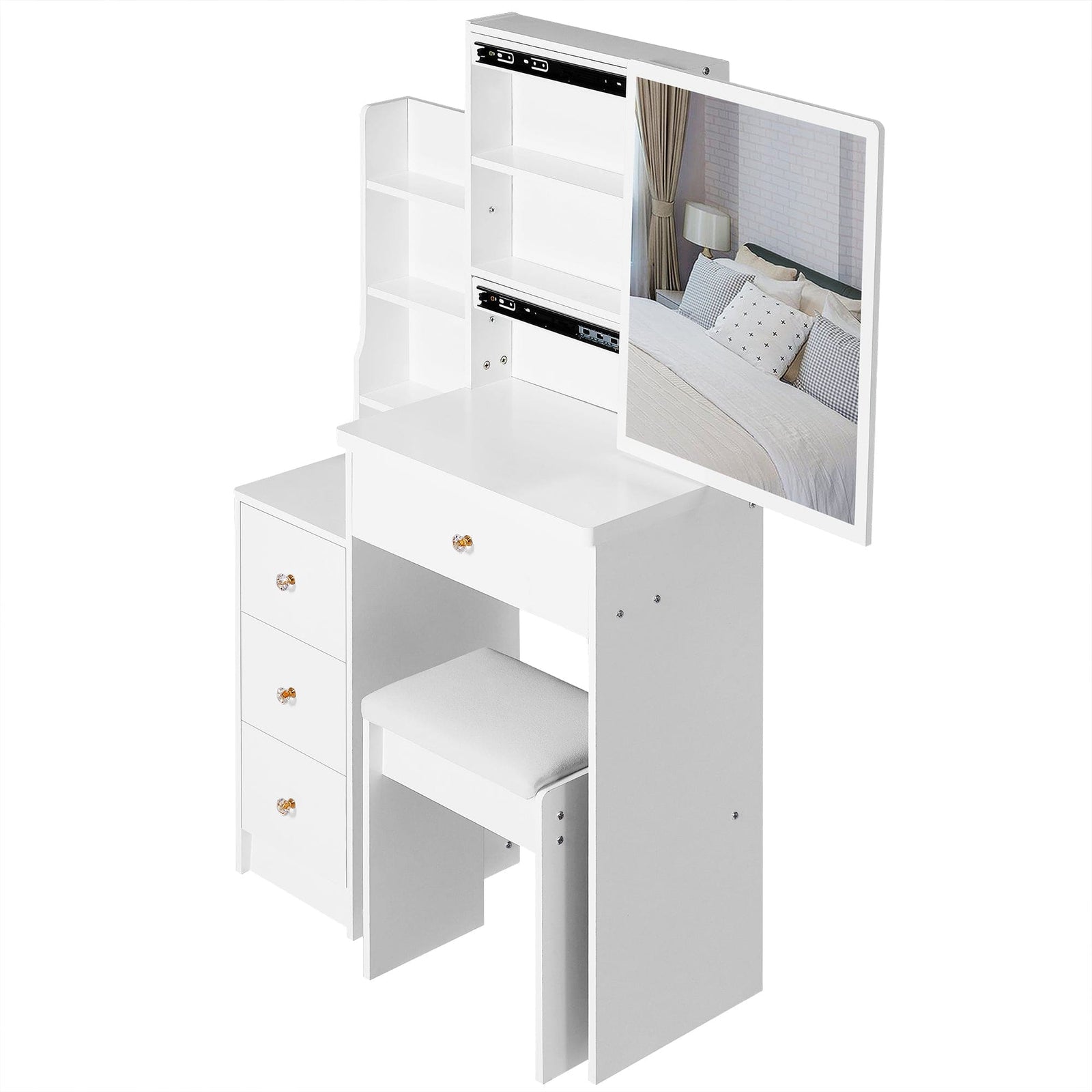 THE FURNITURE CO. Vanity Default Small Size Left Bedside Cabinet Vanity Table With Cushioned Stool Extra Large Sliding Mirror High Capacity Storage For Small Spaces In White