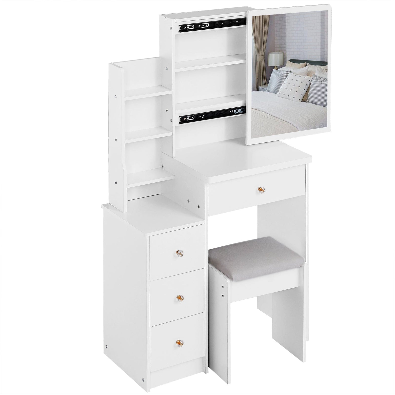 THE FURNITURE CO. Vanity Default Small Size Left Bedside Cabinet Vanity Table With Cushioned Stool Extra Large Sliding Mirror High Capacity Storage For Small Spaces In White