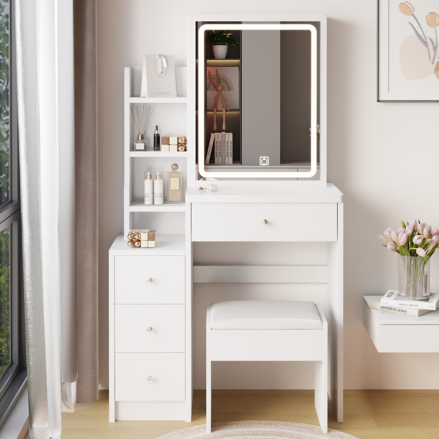 THE FURNITURE CO. Vanity Default Small Size Left Bedside Cabinet Vanity Table With Cushioned Stool Extra Large Touch Control LED Mirror Adjustable Brightness In White